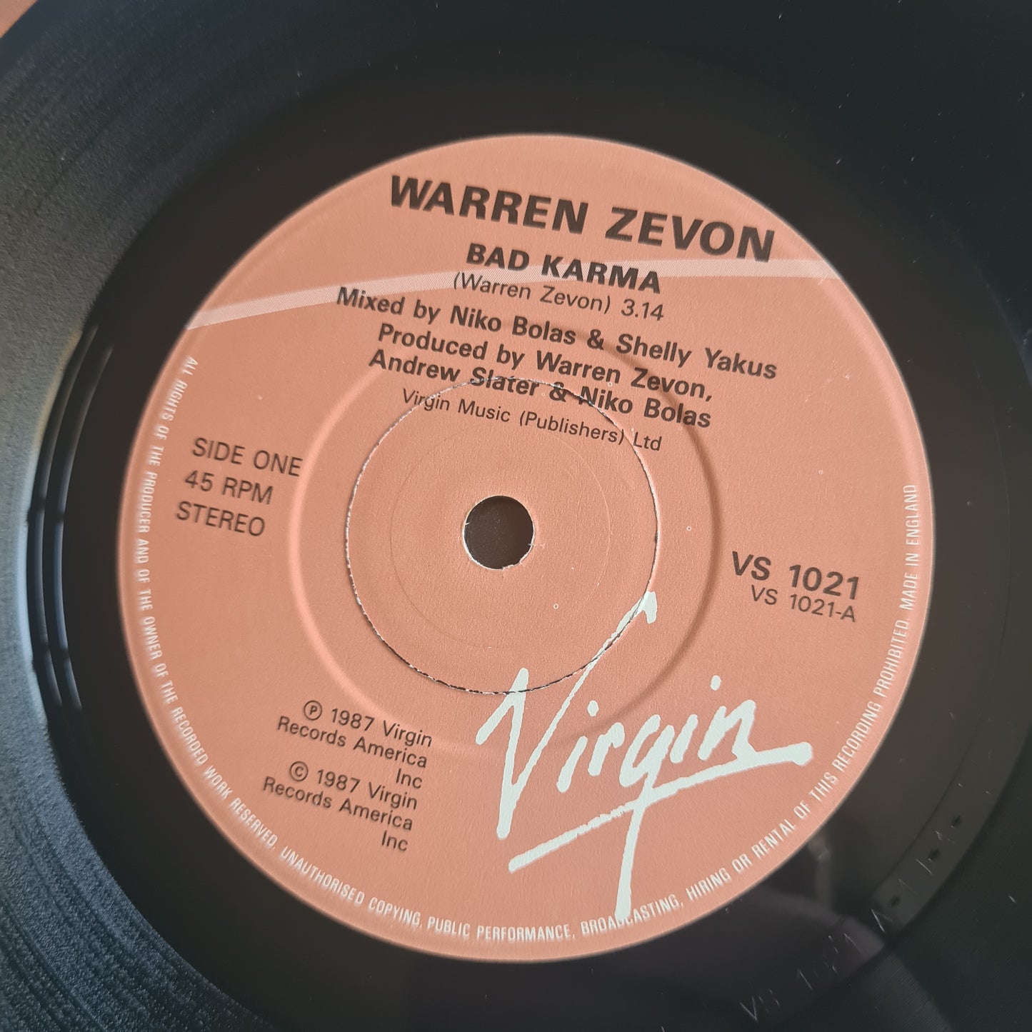 Warren Zevon – Bad Karma - 1987 (UK pressing) - Vinyl Record 7" Single - 45 RPM - Sound Hound Records