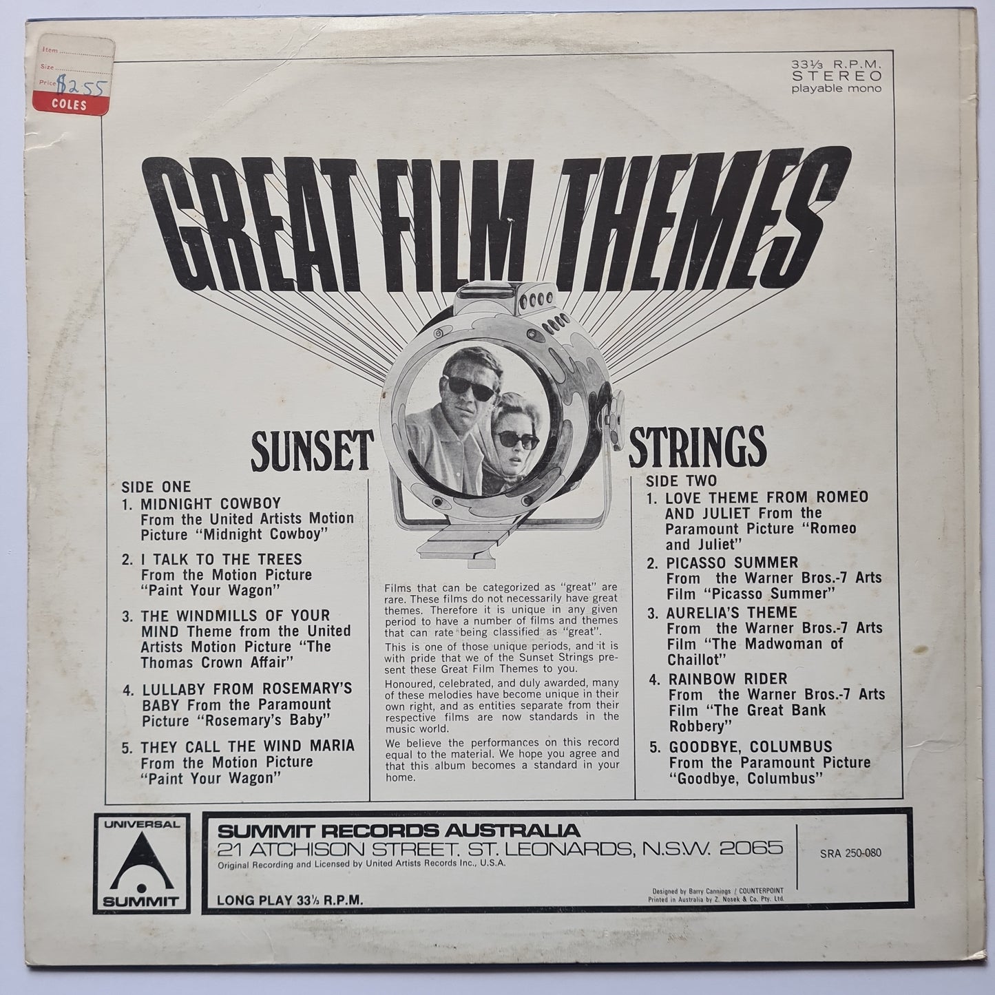 Sunset Strings – Great Film Themes - Australian Pressing - Vinyl Record LP