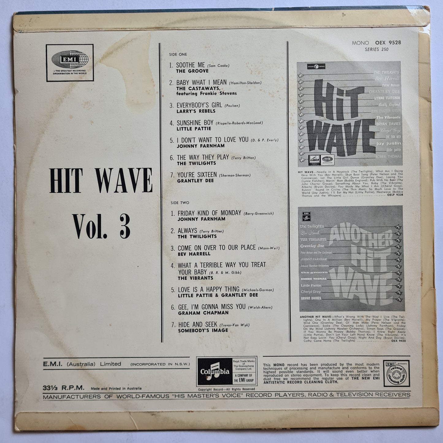 Various (1960's Australian Artists) – Hit Wave Vol. 3 - 1969 - Vinyl Record LP
