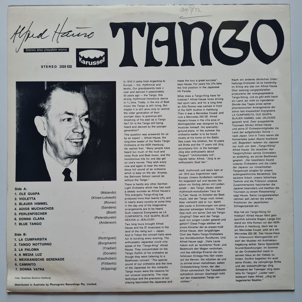 Alfred Hause – Tango - 1967 - Vinyl Record LP