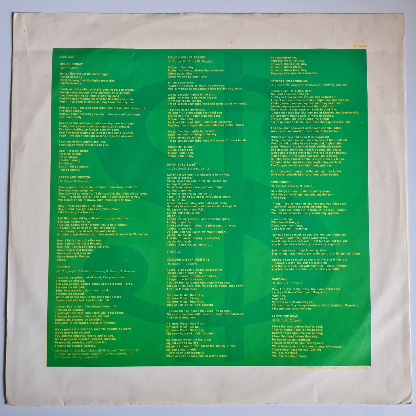 Alice Cooper – Billion Dollar Babies - 1973 (1975 USA Pressing) - Vinyl Record LP - Sound Hound Records