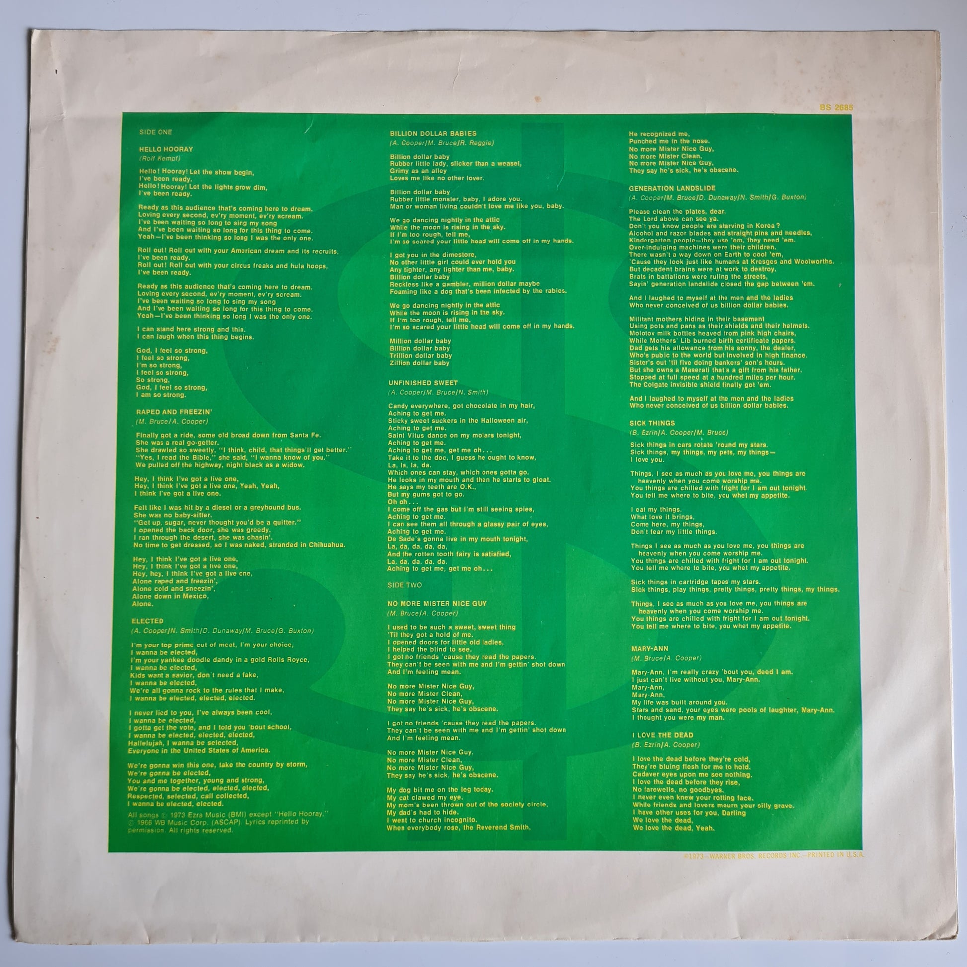 Alice Cooper – Billion Dollar Babies - 1973 (1975 USA Pressing) - Vinyl Record LP - Sound Hound Records