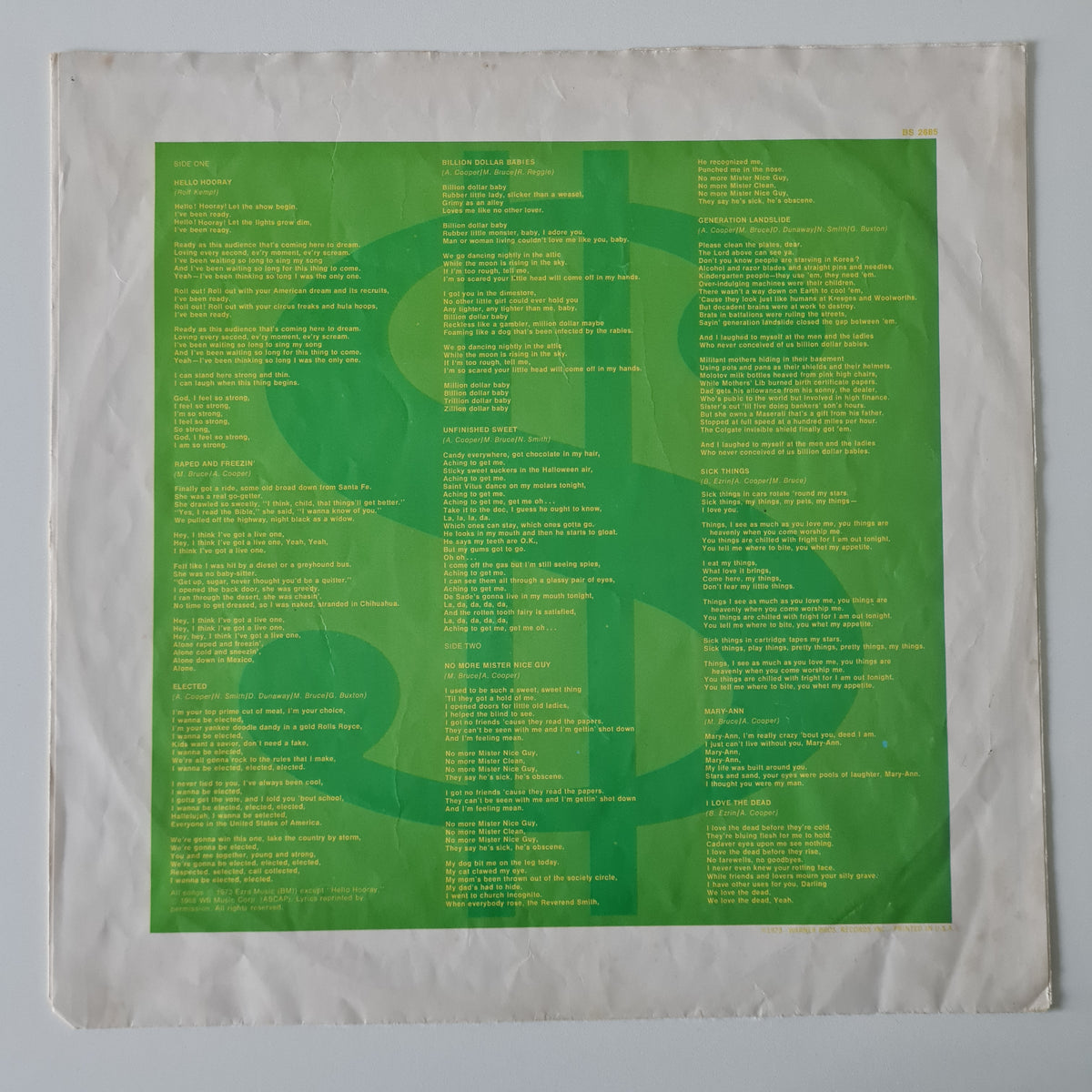Alice Cooper – Billion Dollar Babies (with Billion Dollar Note Poster) - 1973 (1975 USA Pressing) - Vinyl Record LP - Sound Hound Records