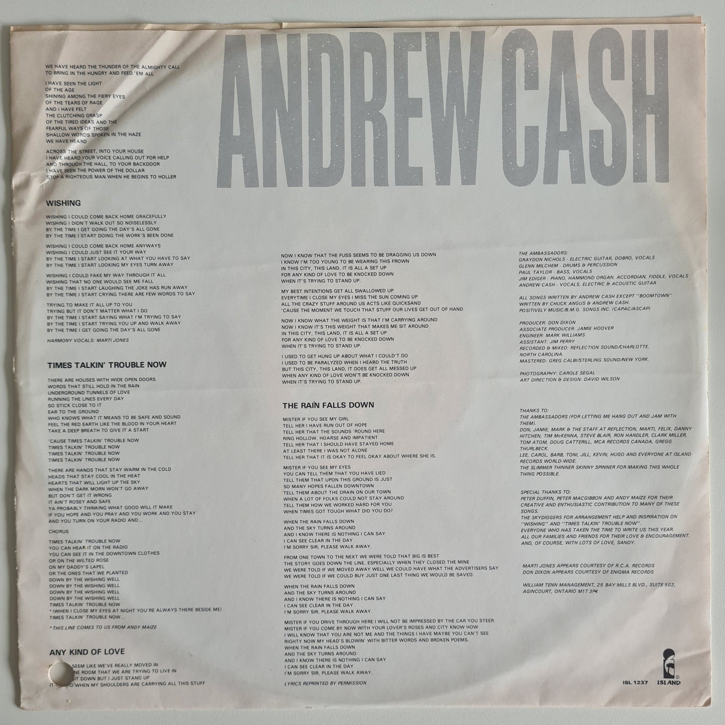 Andrew Cash – Boomtown - 1989 - Vinyl Record LP - Sound Hound Records