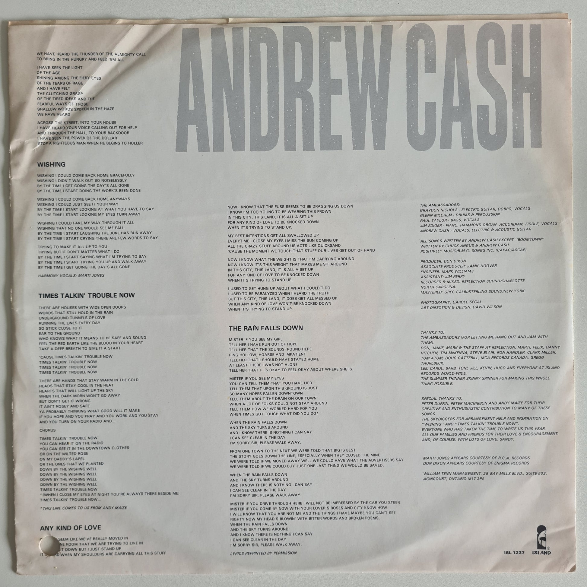 Andrew Cash – Boomtown - 1989 - Vinyl Record LP - Sound Hound Records