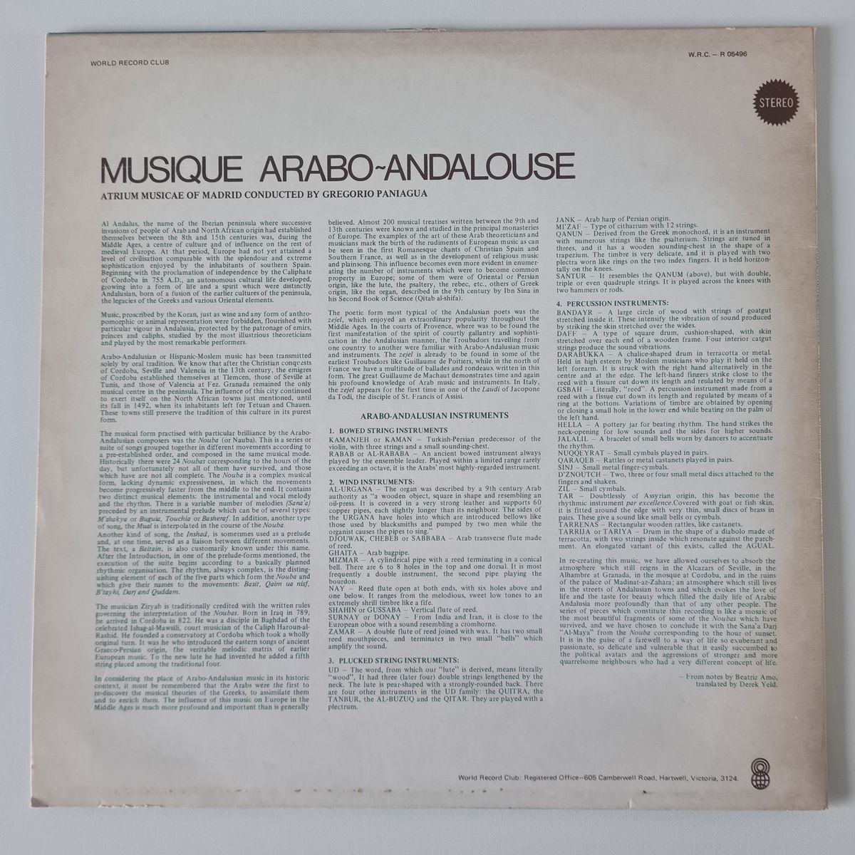 Atrium Musicae De Madrid Dir. Gregorio Paniaguak – Musique Arabo-Andalouse - 1977 (1979 Australian Pressing) - Vinyl Record LP