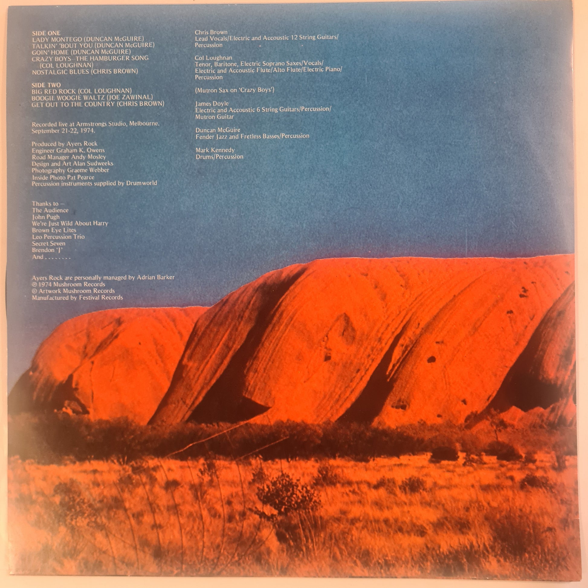Ayers Rock – Big Red Rock - 1974 - Vinyl Record LP - Sound Hound Records