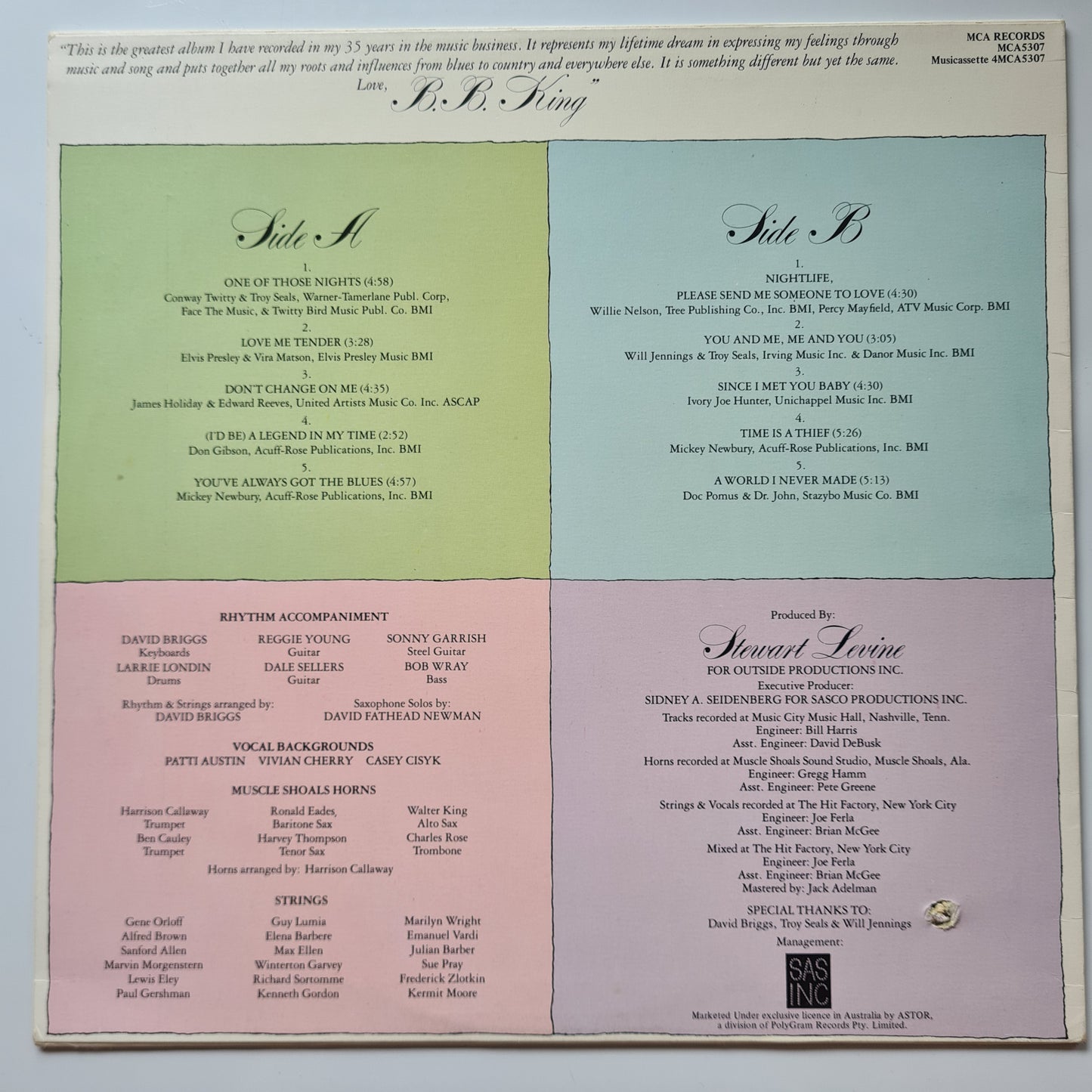 B.B. King – Love Me Tender  - 1982 - Vinyl Record LP - Sound Hound Records