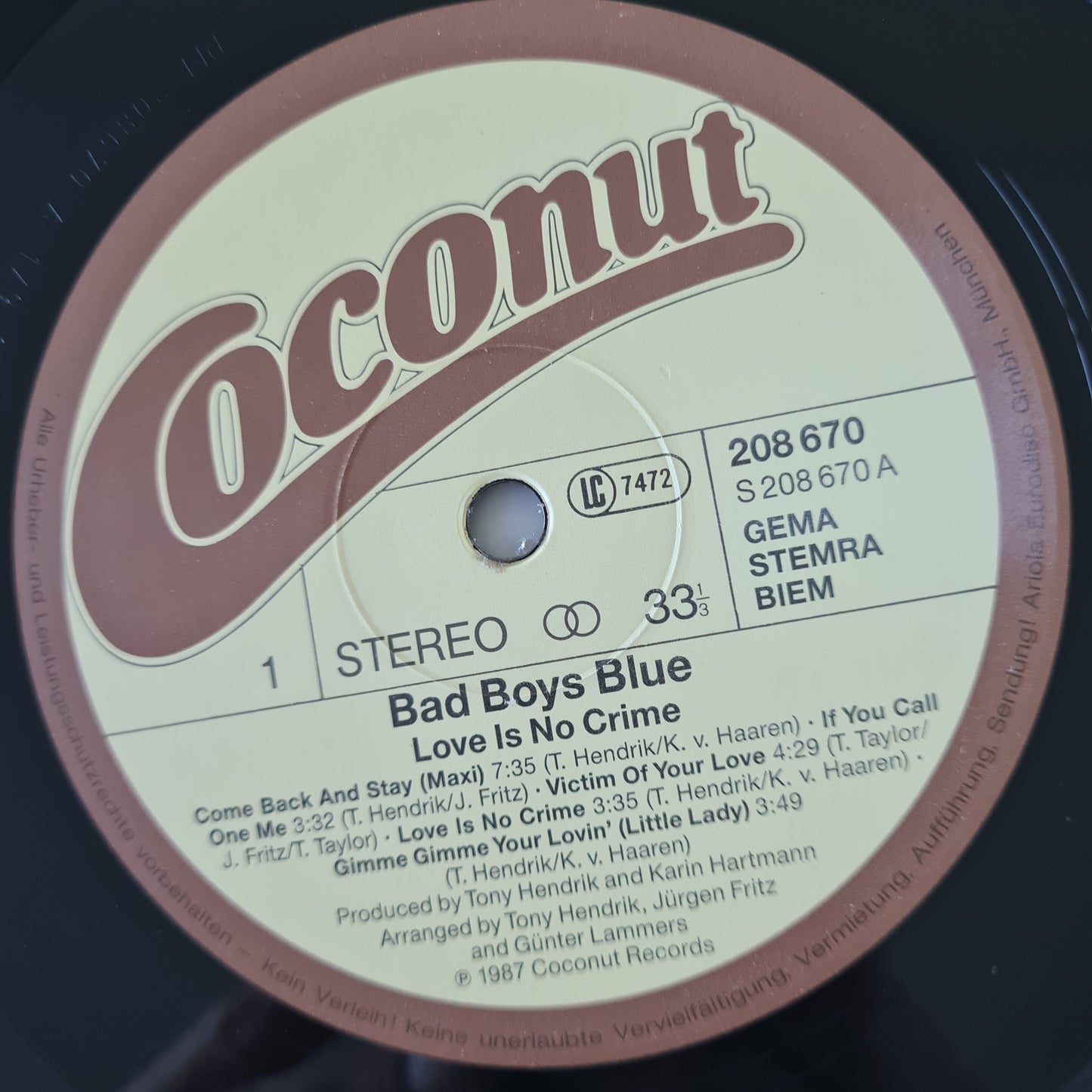 Bad Boys Blue  – Love Is No Crime - 1987 (European Pressing) - Vinyl Record LP - Sound Hound Records