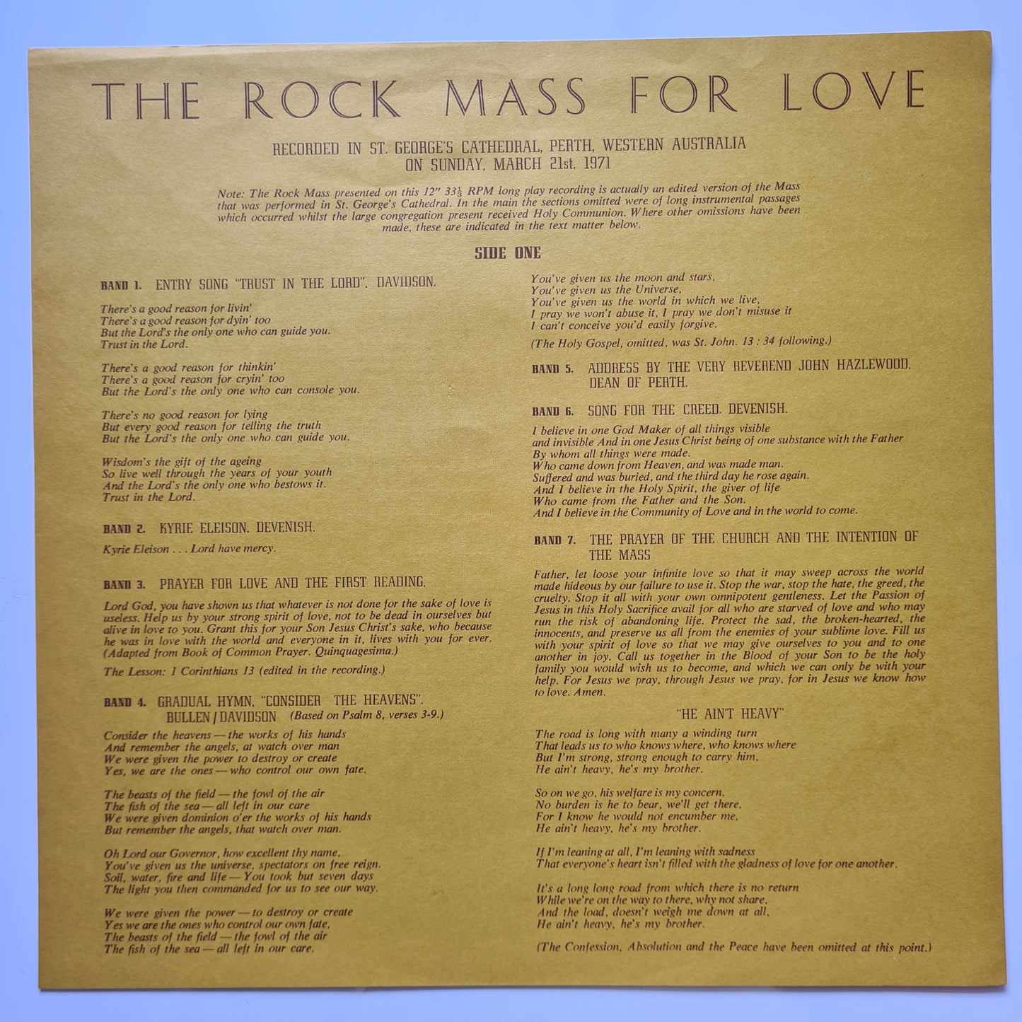 Bakery – Rock Mass For Love - 1971 - Vinyl Record LP - Sound Hound Records