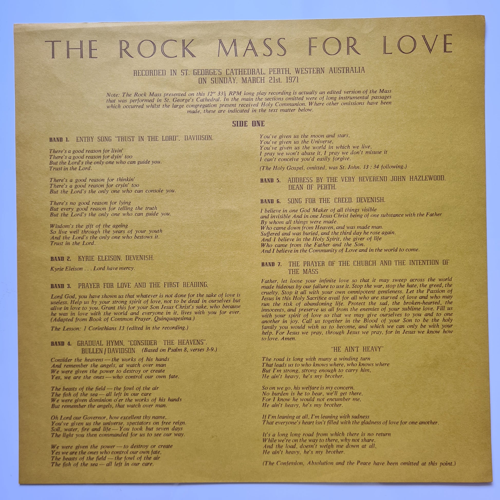 Bakery – Rock Mass For Love - 1971 - Vinyl Record LP - Sound Hound Records