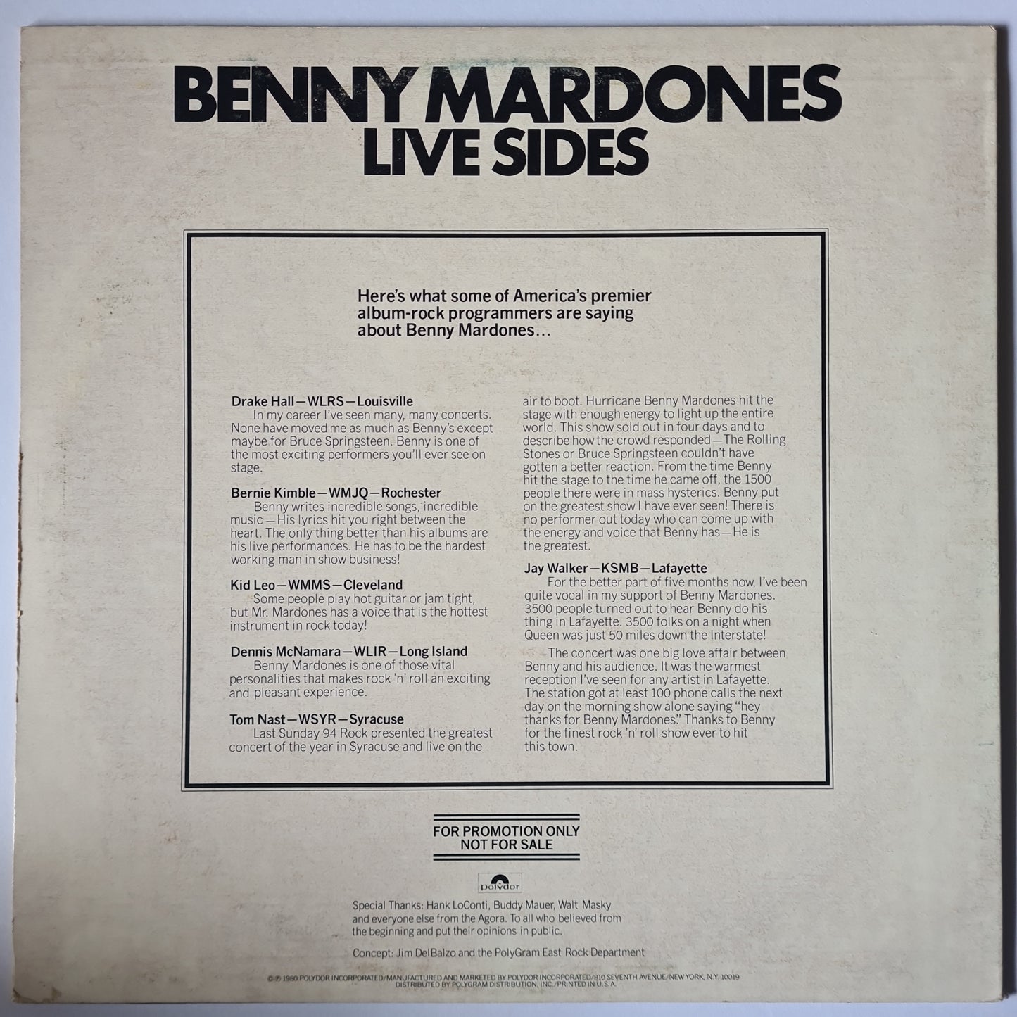 Benny Mardones – Live Sides - 1980 (Promotional Only Copy) - Vinyl Record LP - Sound Hound Records