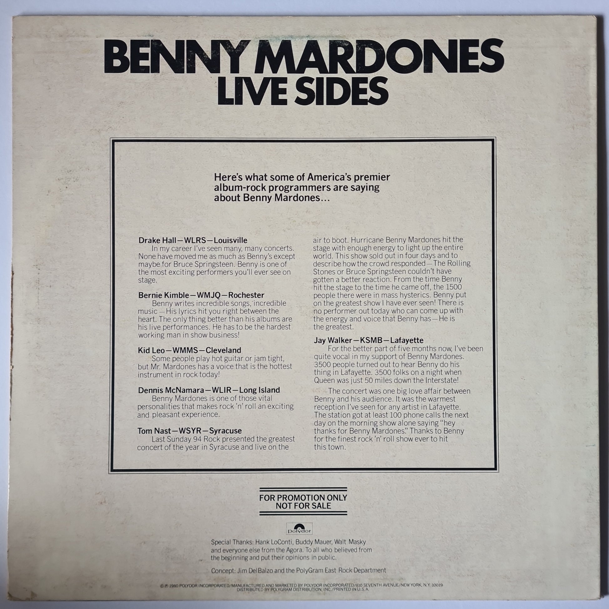 Benny Mardones – Live Sides - 1980 (Promotional Only Copy) - Vinyl Record LP - Sound Hound Records