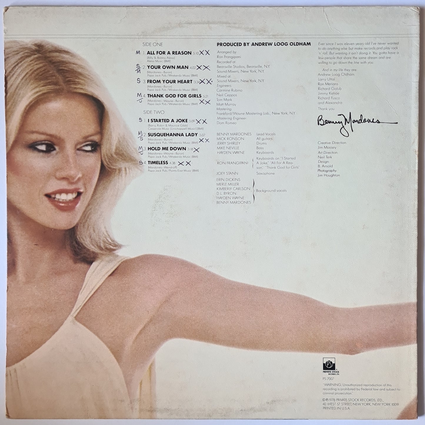 Benny Mardones – Thank God For Girls - 1978 - Vinyl Record LP - Sound Hound Records
