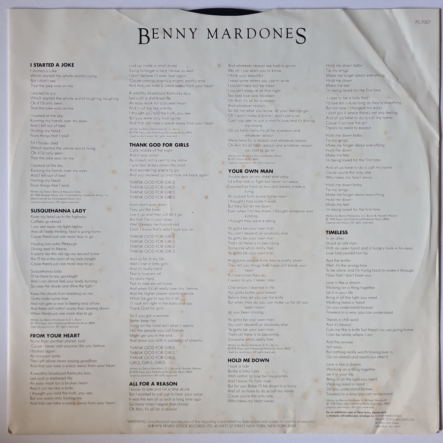 Benny Mardones – Thank God For Girls - 1978 - Vinyl Record LP - Sound Hound Records