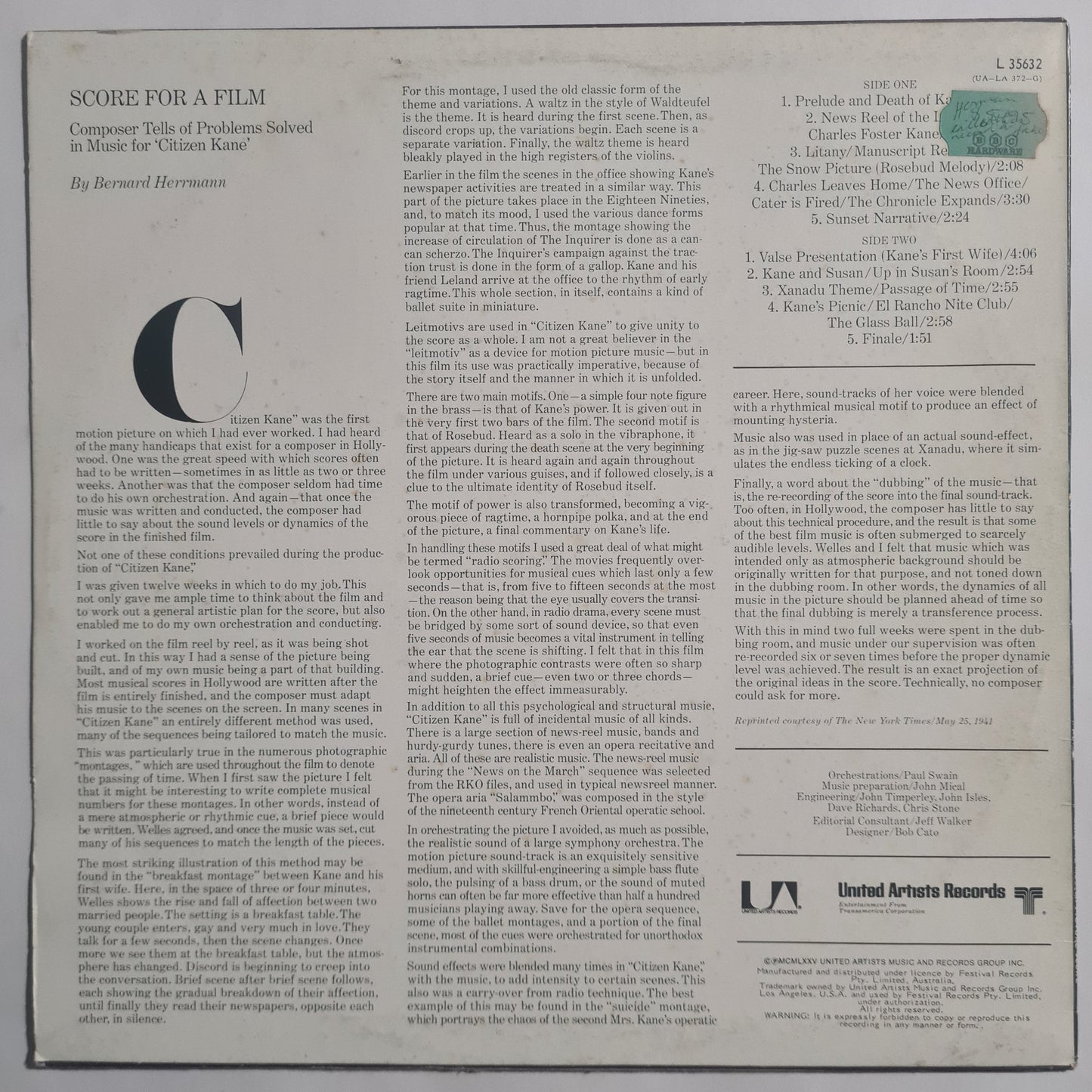 Bernard Harrmann – Citizen Kane (The Original Motion Picture Score Soundtrack)- 1975 - Vinyl Record LP - Sound Hound Records