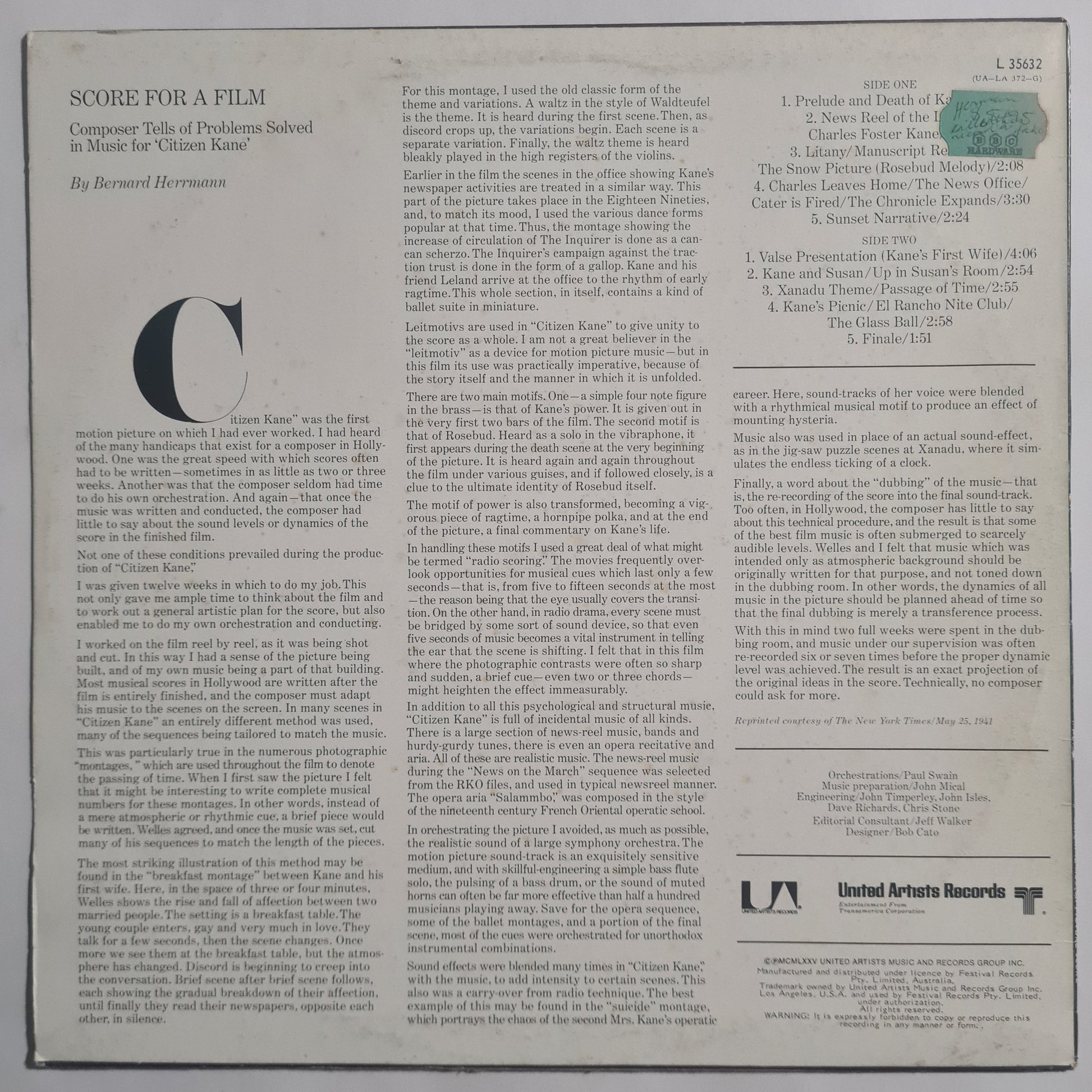 Bernard Harrmann – Citizen Kane (The Original Motion Picture Score Soundtrack)- 1975 - Vinyl Record LP - Sound Hound Records