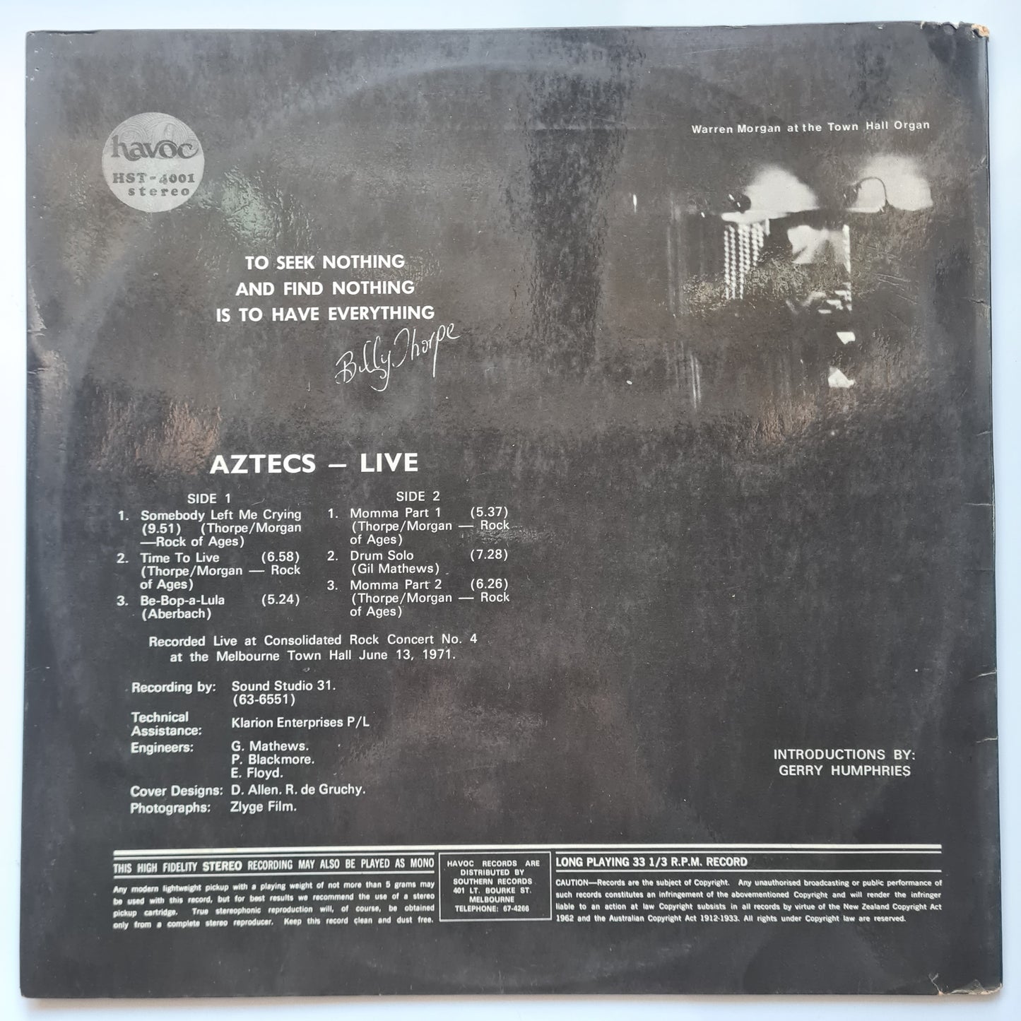 Billy Thorpe & The Aztecs – Live: Melbourne Town Hall - 1971 (Gatefold) - Vinyl Record LP - Sound Hound Records