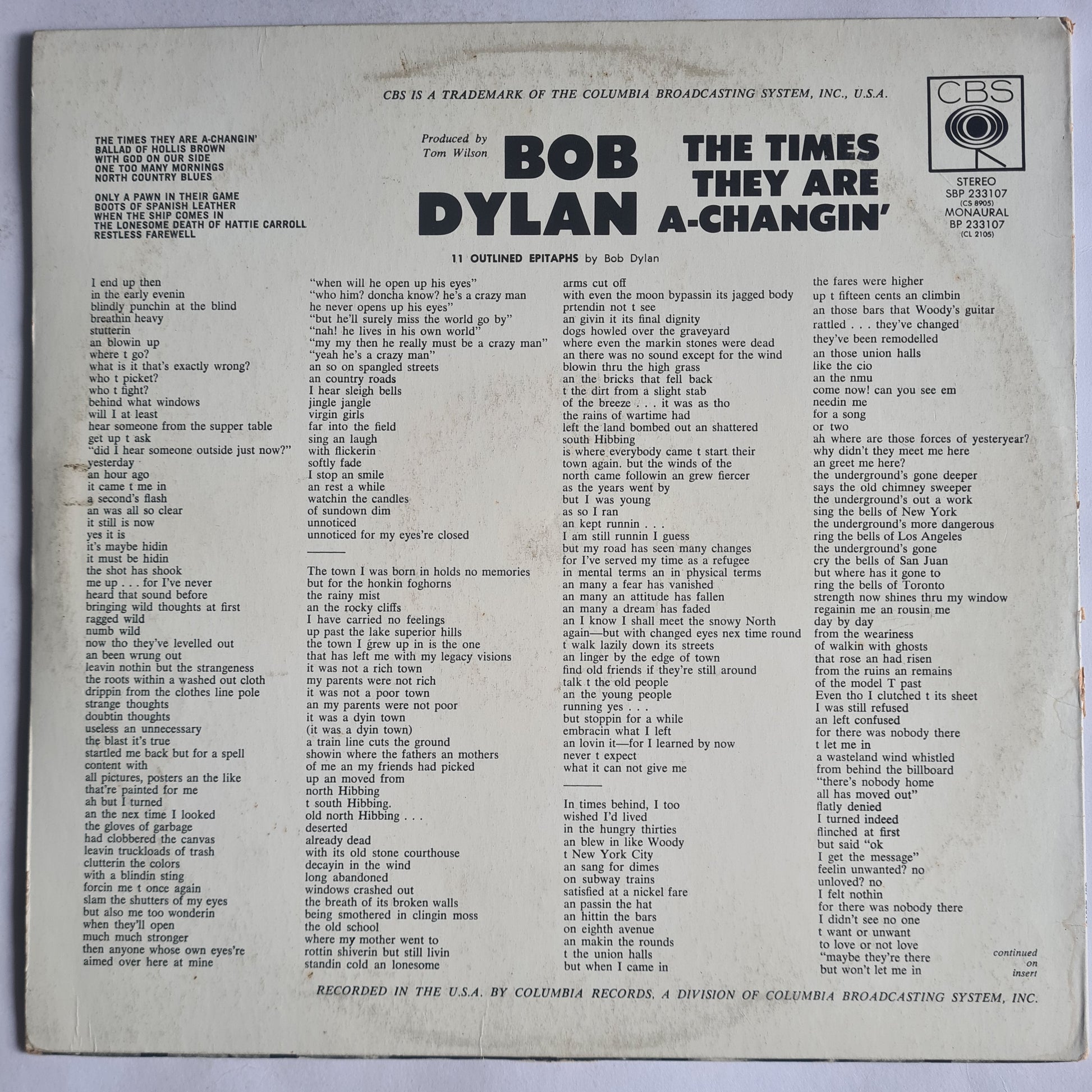 Bob Dylan – The Times They Are A-Changin' - 1964 (late 70's Australian Pressing) - Vinyl Record LP - Sound Hound Records
