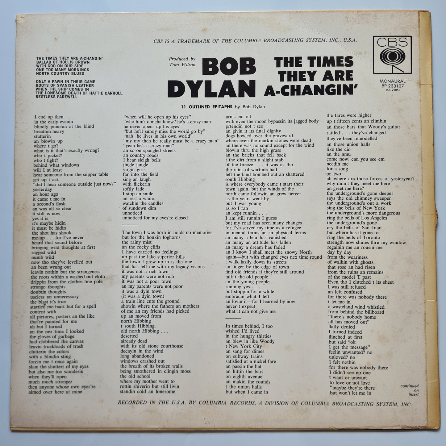Bob Dylan – The Times They Are A-Changin' (Mono) - 1964 (1st Australian Pressing) - Vinyl Record LP - Sound Hound Records