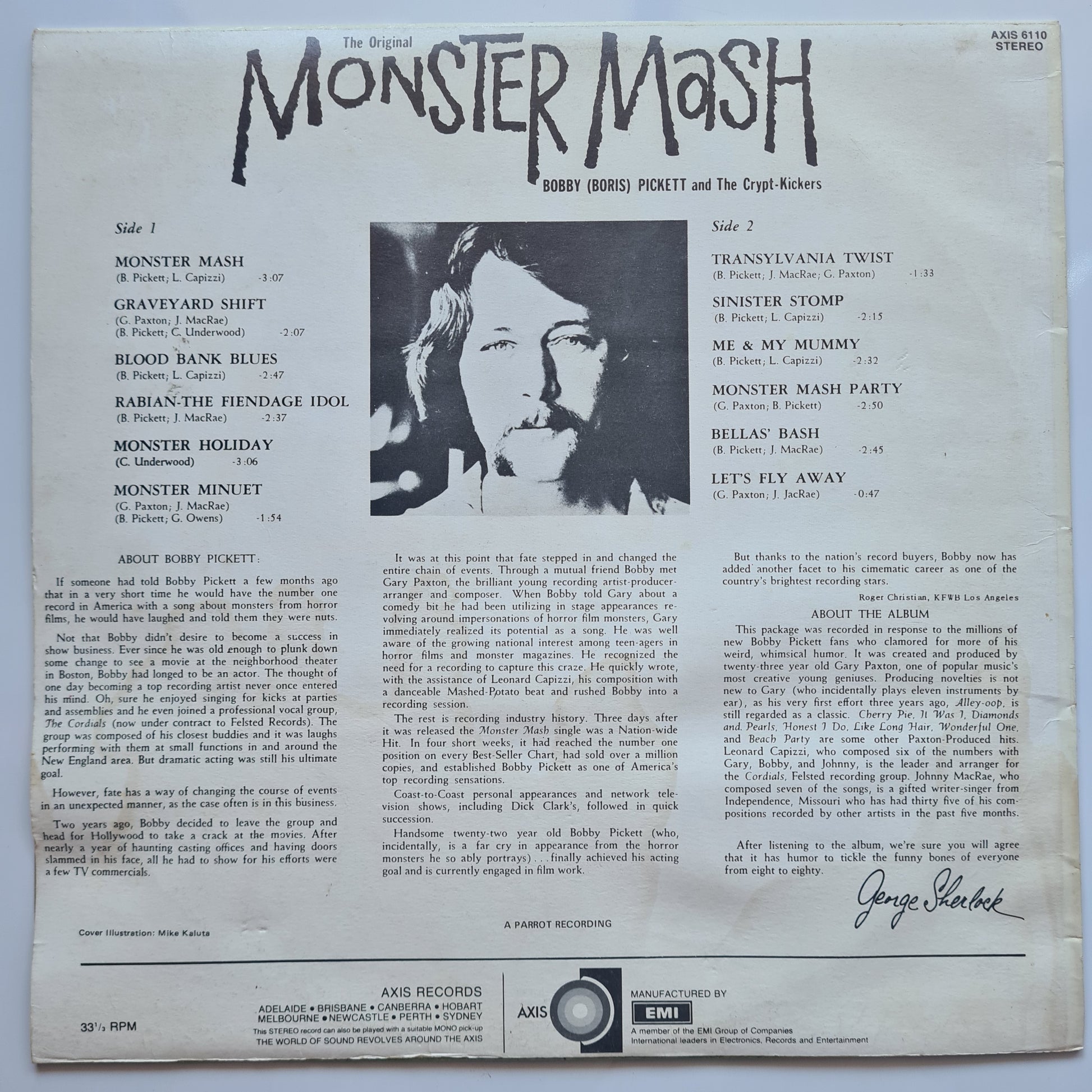 Bobby (Boris) Pickett And The Crypt-Kickers  – The Original Monster Mash - 1962 (1973 Australian Press) - Vinyl Record LP - Sound Hound Records