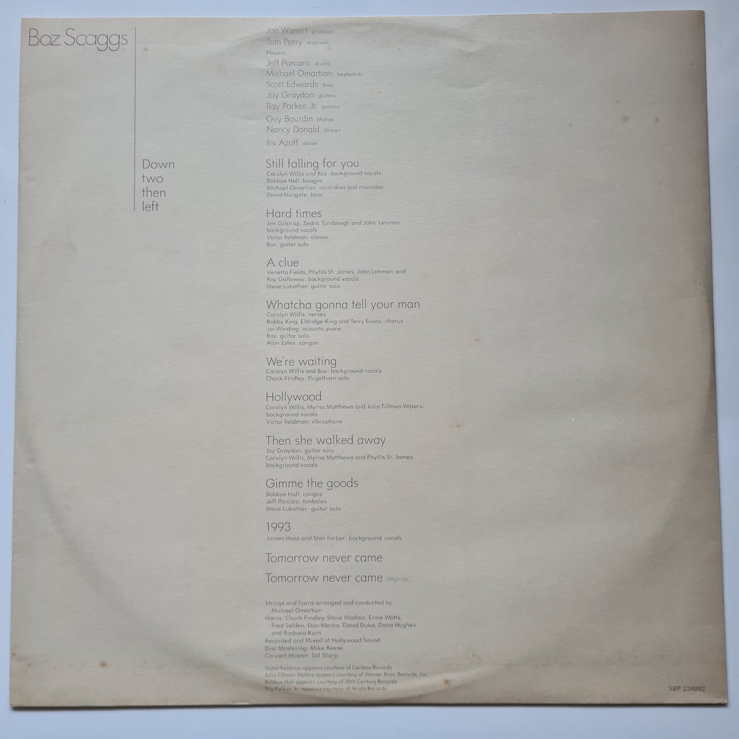 Boz Scaggs – Down Two Then Left - 1977 - Vinyl Record LP (near mint) - Sound Hound Records
