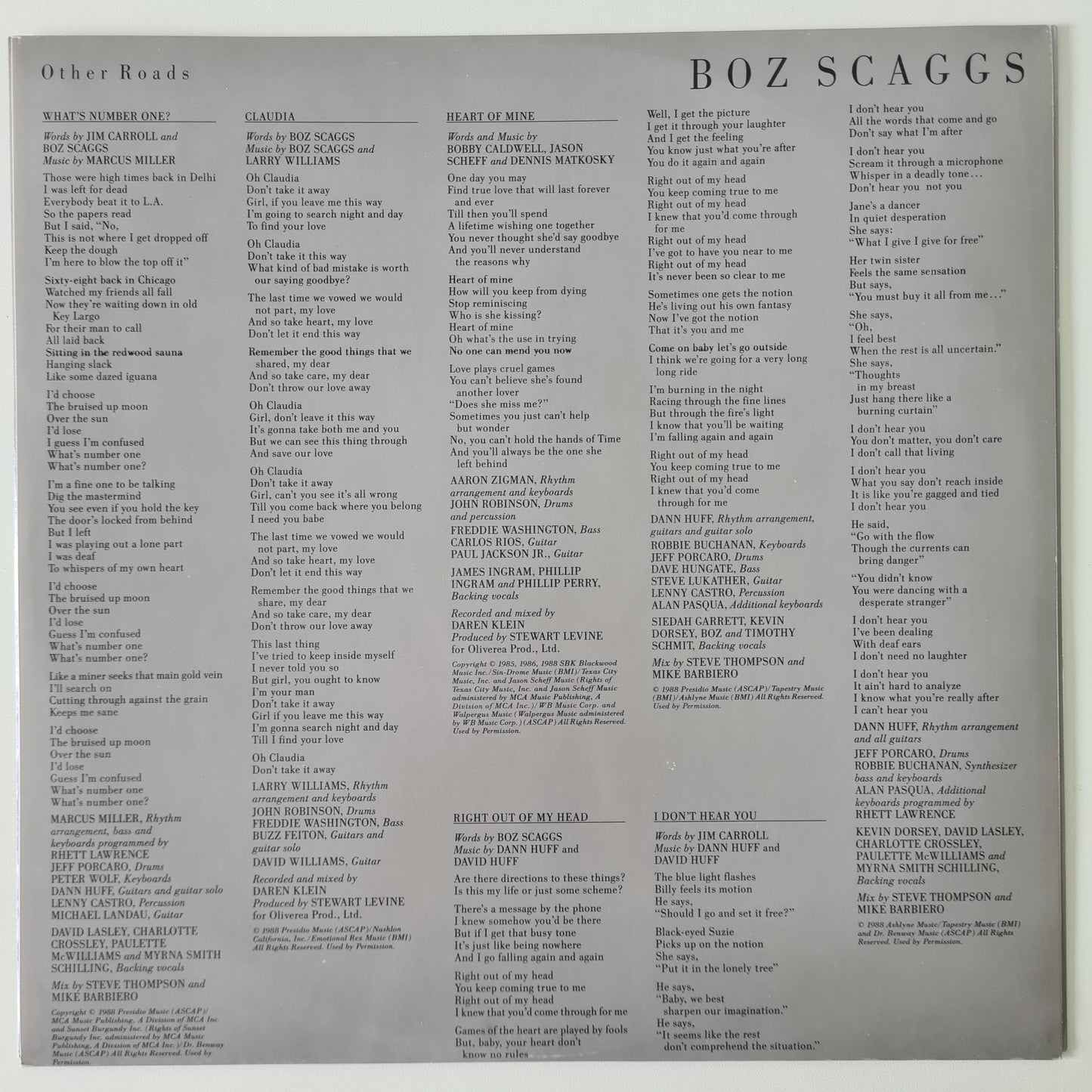 Boz Scaggs – Other Roads - 1988 - Vinyl Record LP - Sound Hound Records
