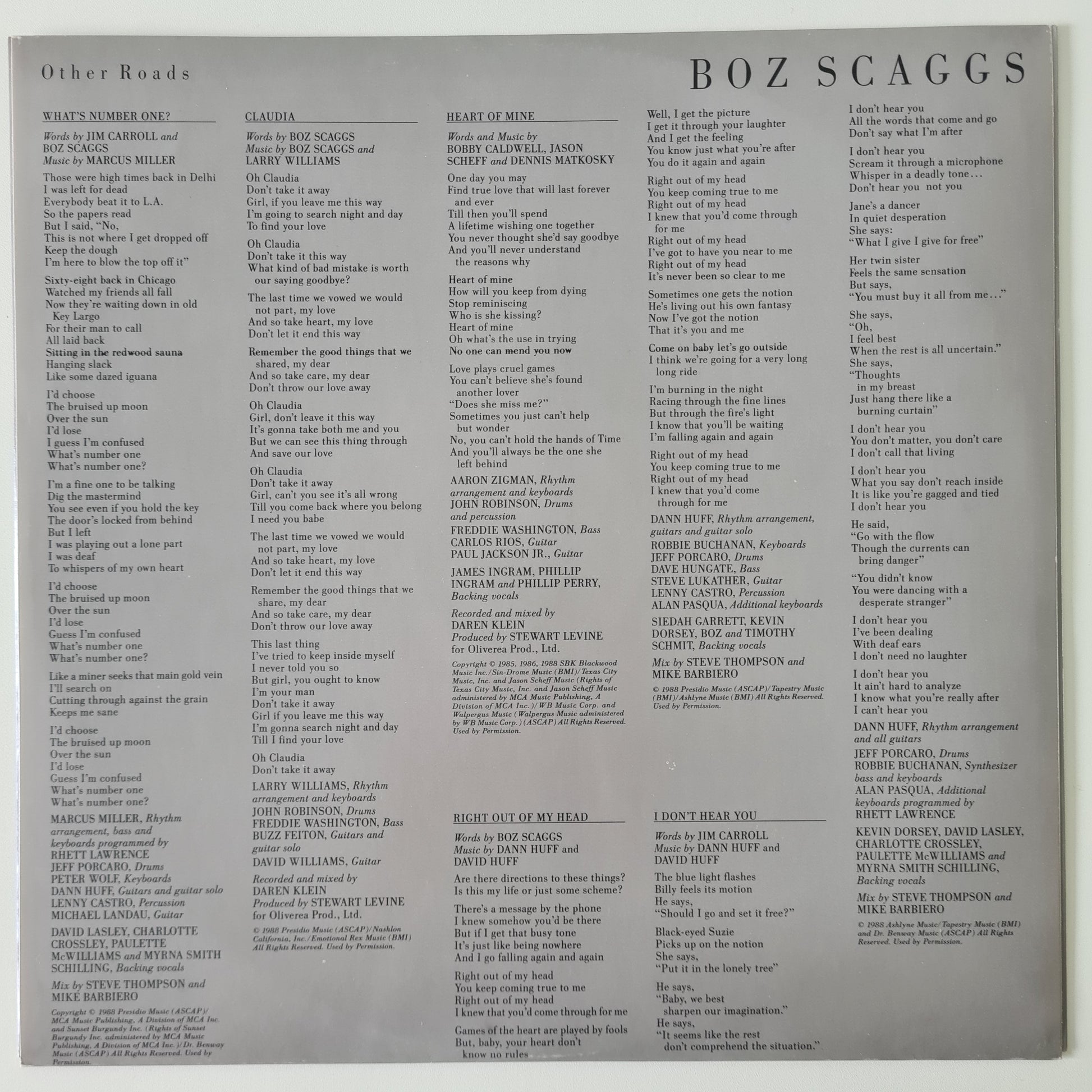 Boz Scaggs – Other Roads - 1988 - Vinyl Record LP - Sound Hound Records
