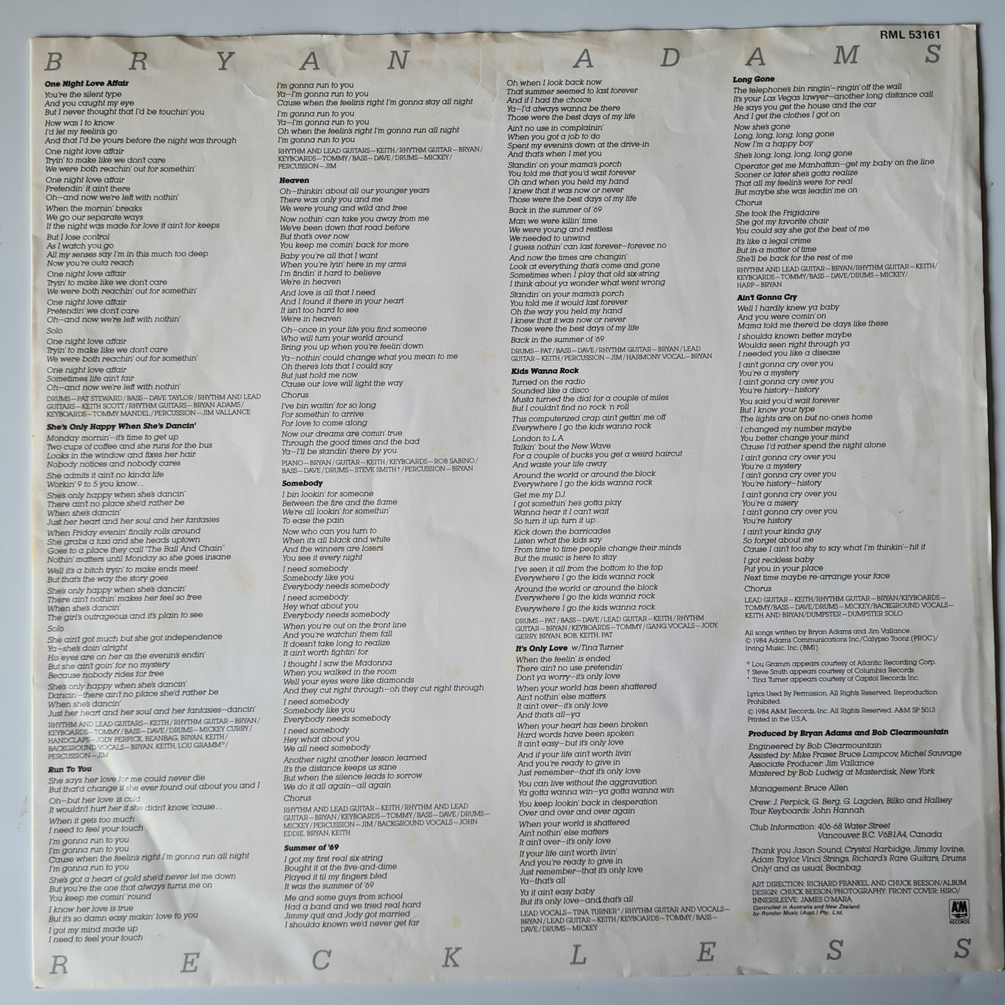Bryan Adams – Reckless - 1984 - Vinyl Record LP - Sound Hound Records