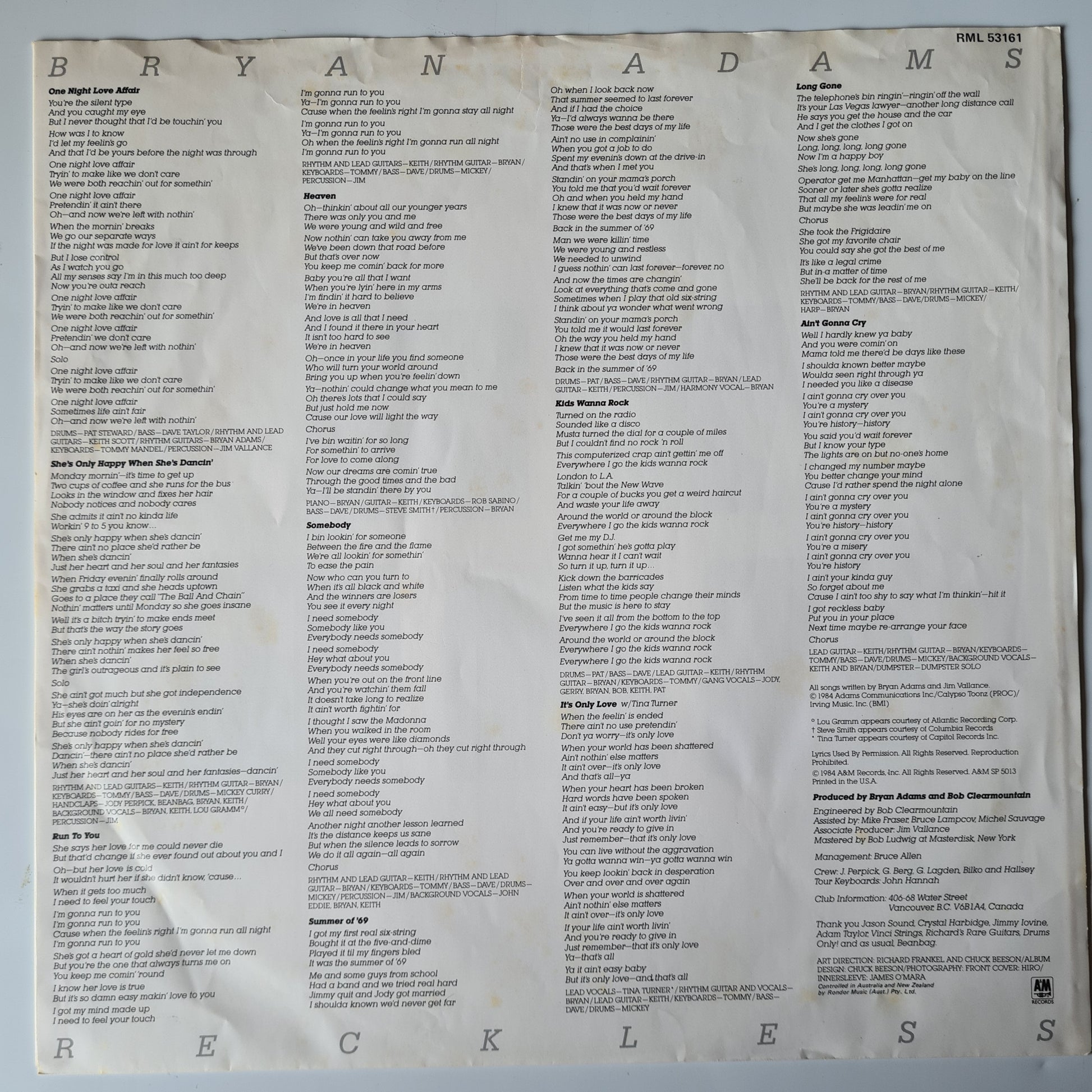 Bryan Adams – Reckless - 1984 - Vinyl Record LP - Sound Hound Records