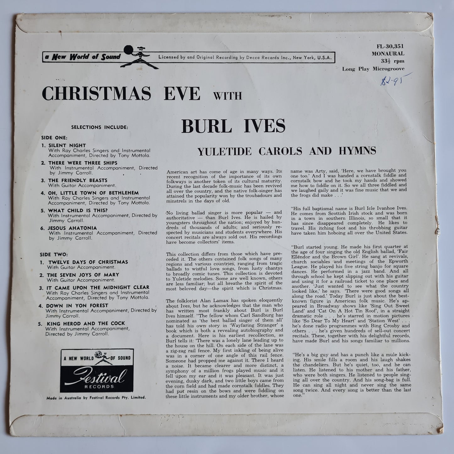 Burl Ives – Christmas Eve With Burl Ives - 1957 - Vinyl Record LP - Sound Hound Records
