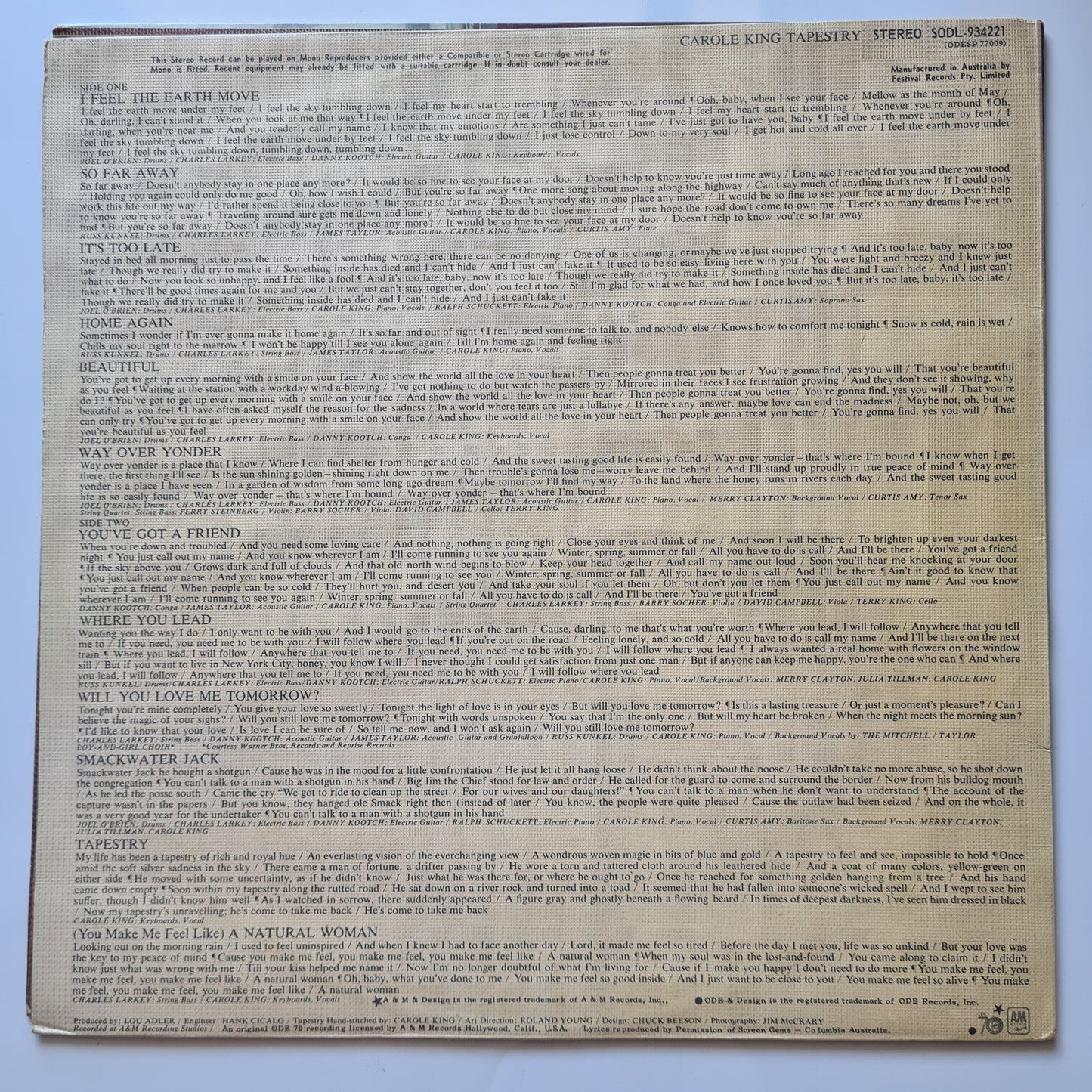 Carole King – Tapestry - 1971 (1975 Australian Gatefold Pressing) - Vinyl Record LP - Sound Hound Records