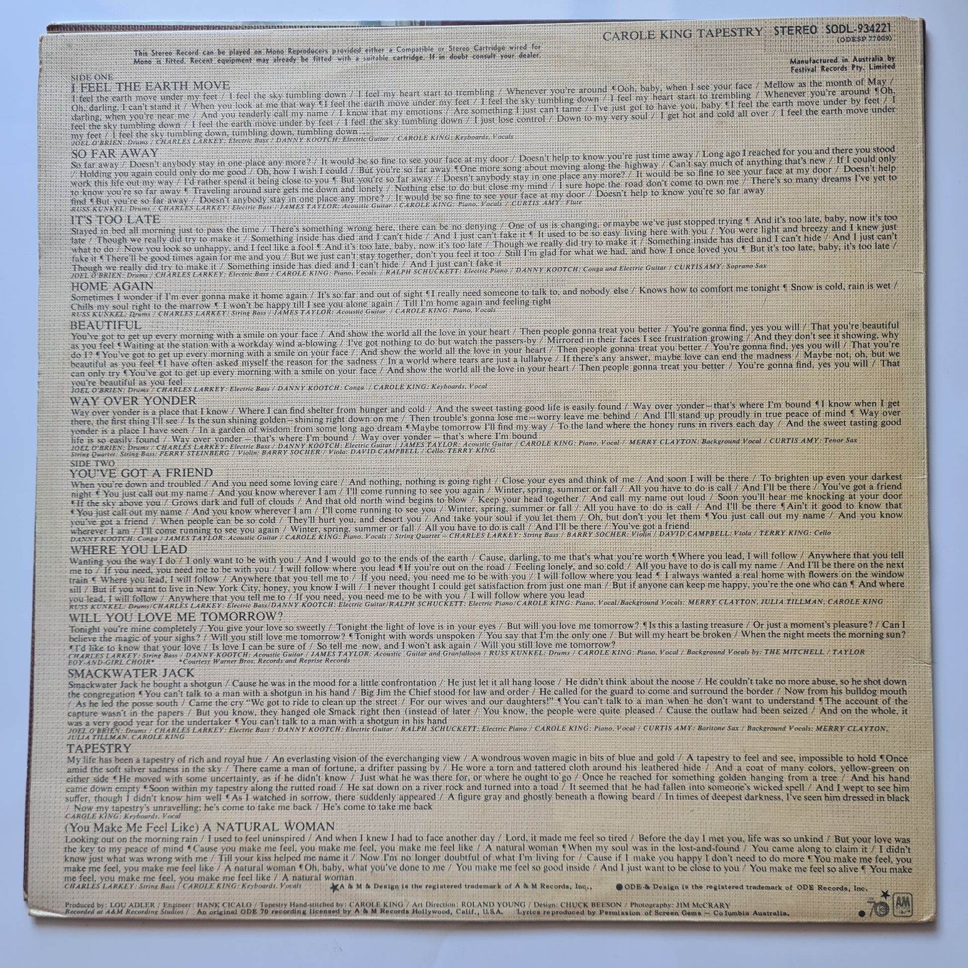 Carole King – Tapestry - 1971 (1975 Australian Gatefold Pressing) - Vinyl Record LP - Sound Hound Records