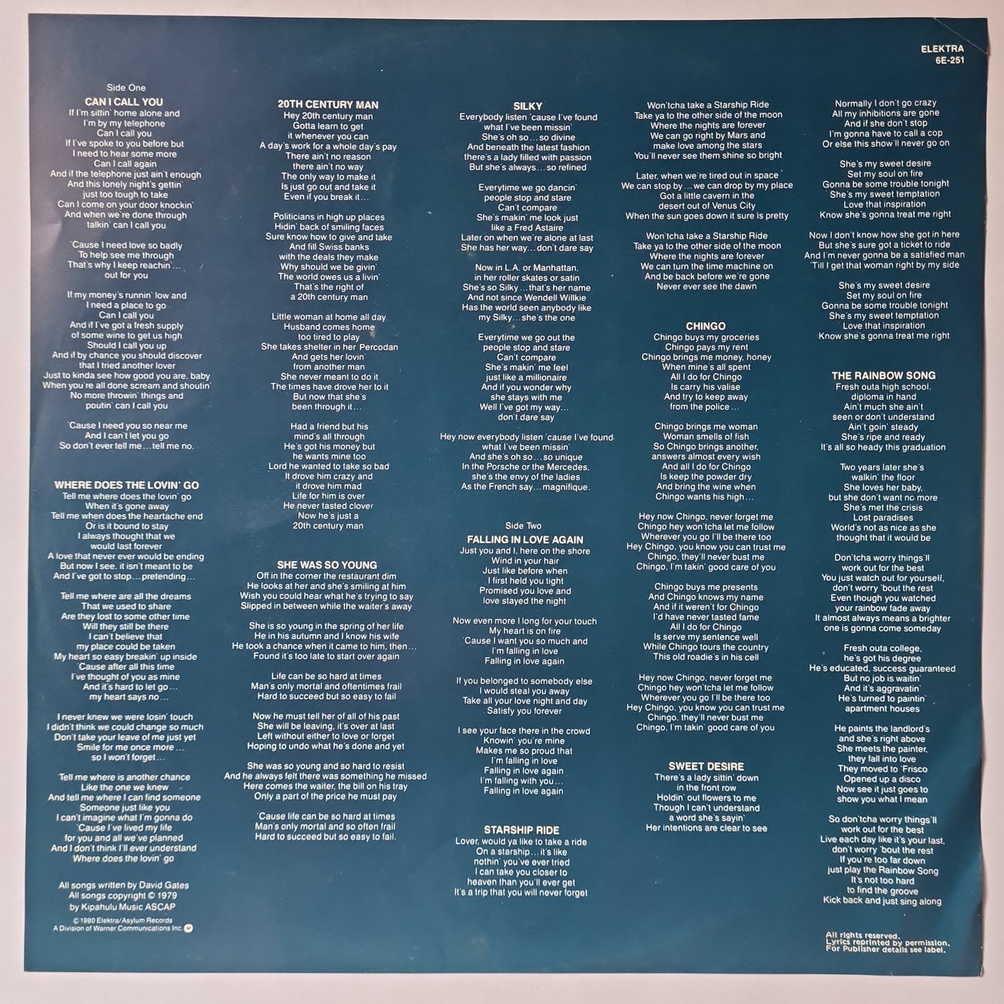 David Gates (Bread) – Falling In Love Again - 1980 - Vinyl Record LP - Sound Hound Records