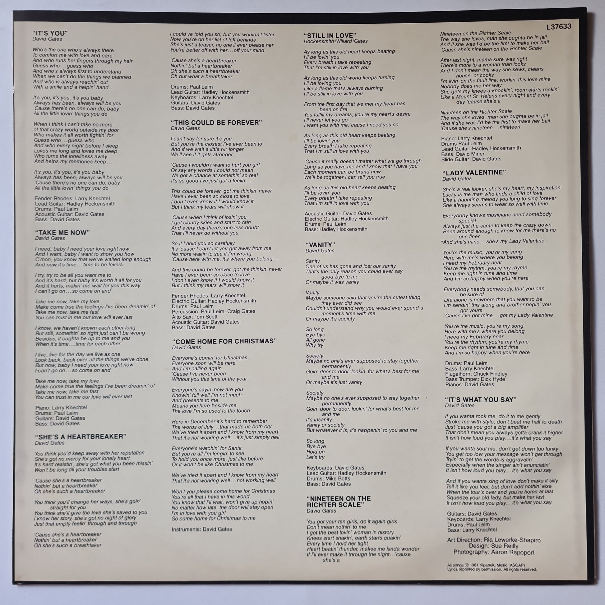 David Gates (Bread) – Take Me Now - 1981 - Vinyl Record LP - Sound Hound Records