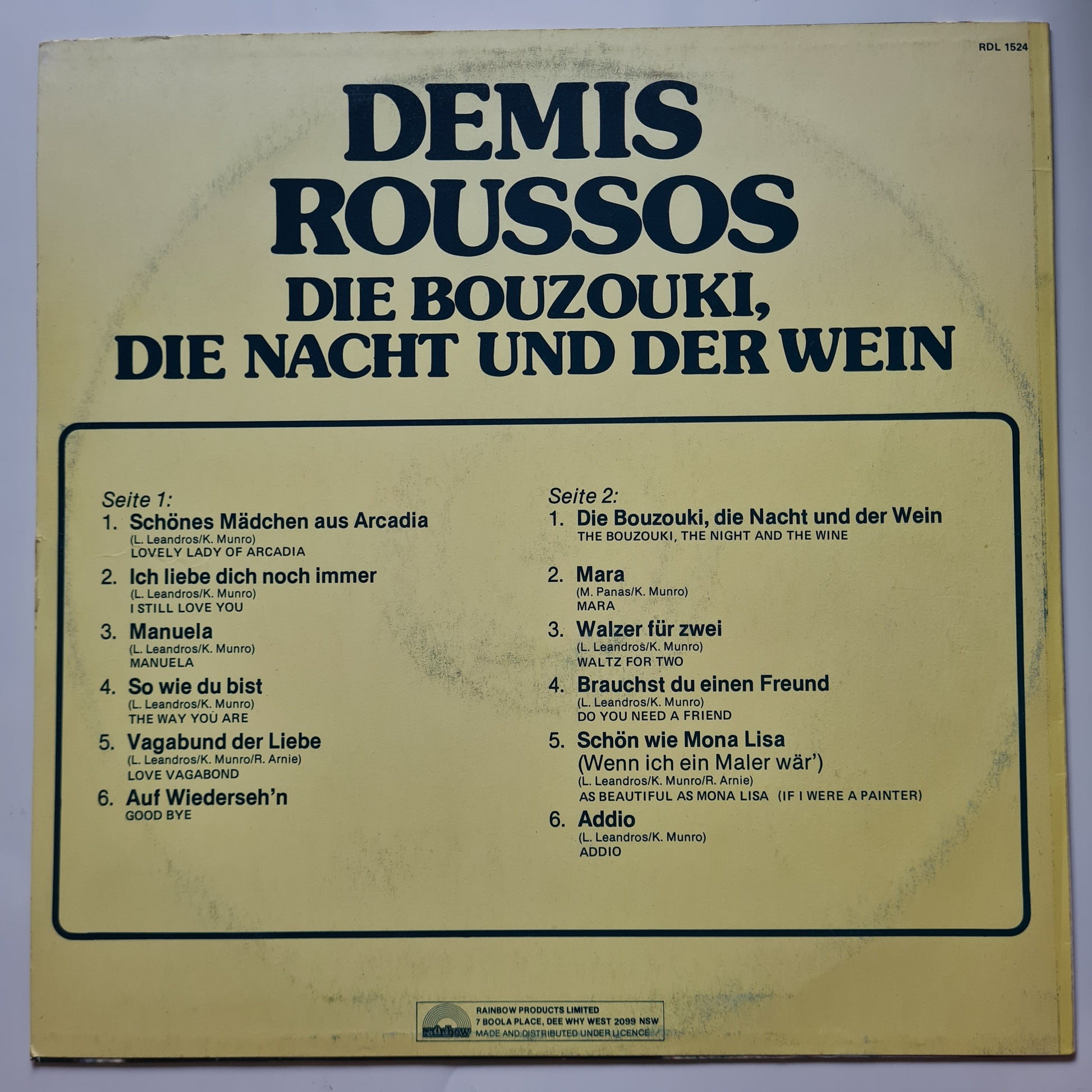Demis Roussos  – Die Bouzouki, Die Nacht Und Der Wein - 1976 - Vinyl Record LP - Sound Hound Records