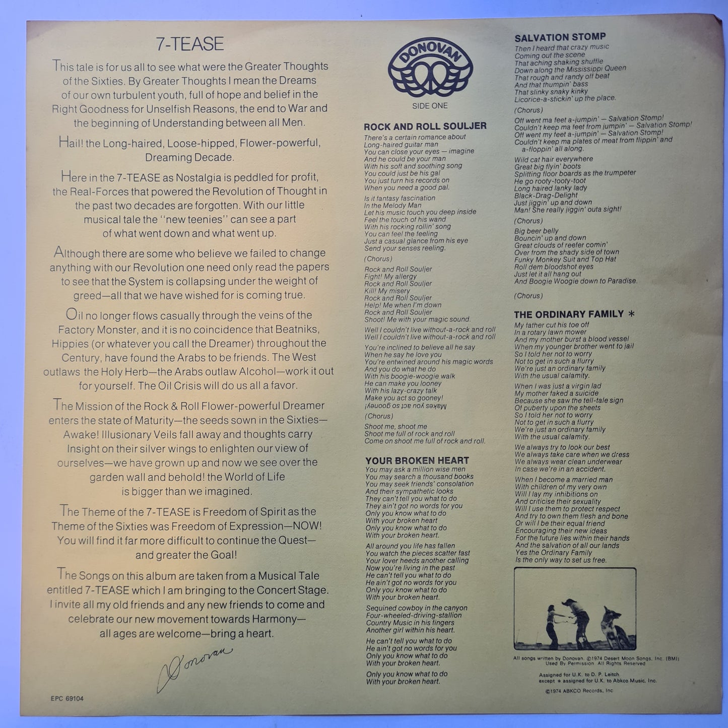 Donovan – 7Tease- 1974 - Vinyl Record LP - Sound Hound Records