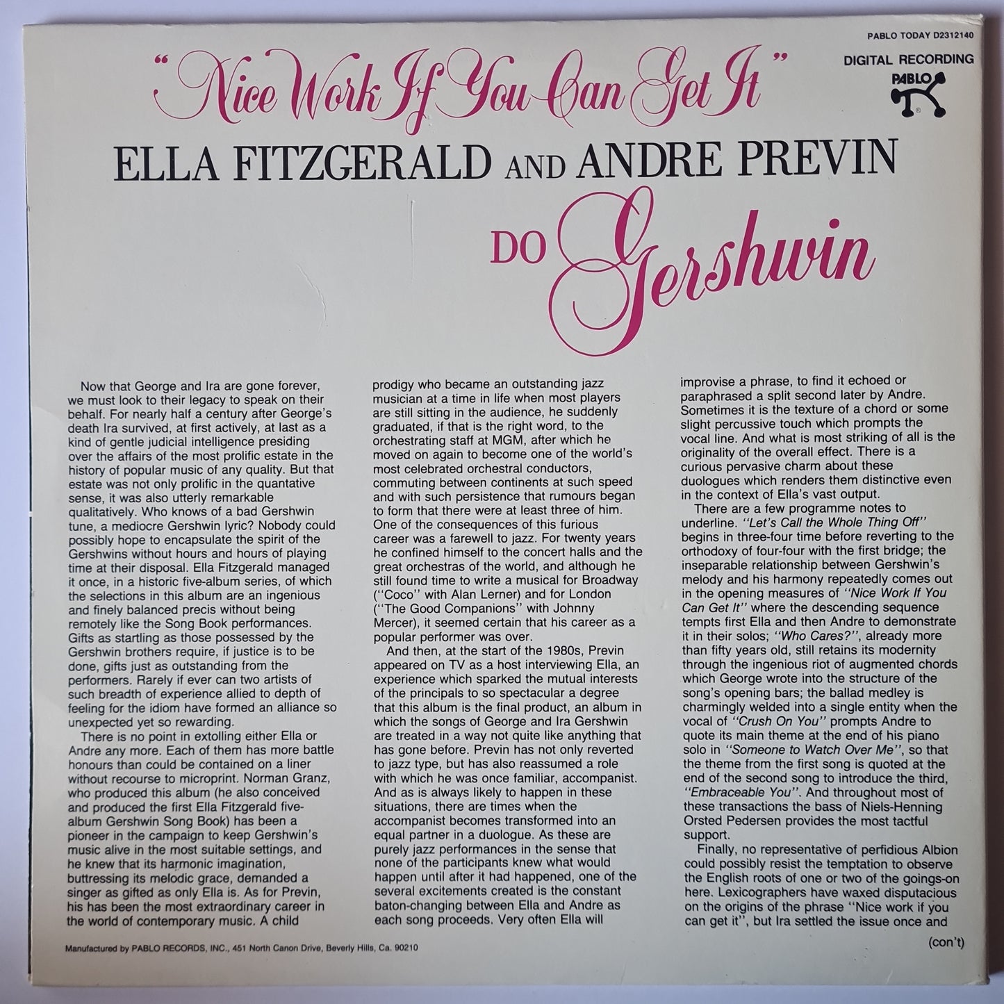Ella Fitzgerald & Andre Previn – Nice Work If You Can Get It - Ella Fitzgerald And Andre Previn Do Gershwin - 1983 Pressing - Vinyl Record LP - Sound Hound Records