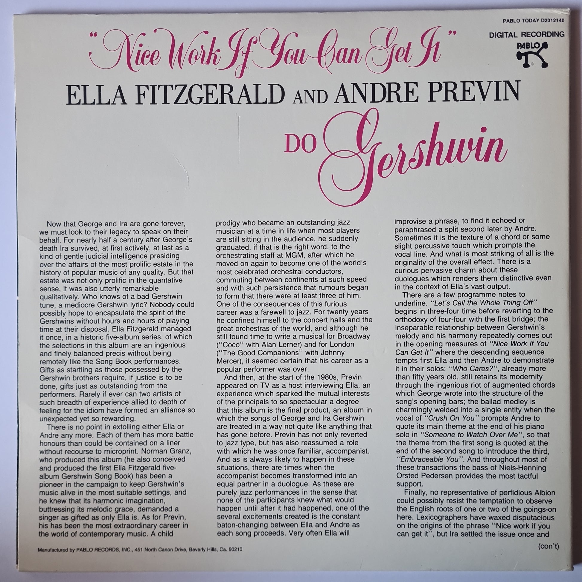 Ella Fitzgerald & Andre Previn – Nice Work If You Can Get It - Ella Fitzgerald And Andre Previn Do Gershwin - 1983 Pressing - Vinyl Record LP - Sound Hound Records