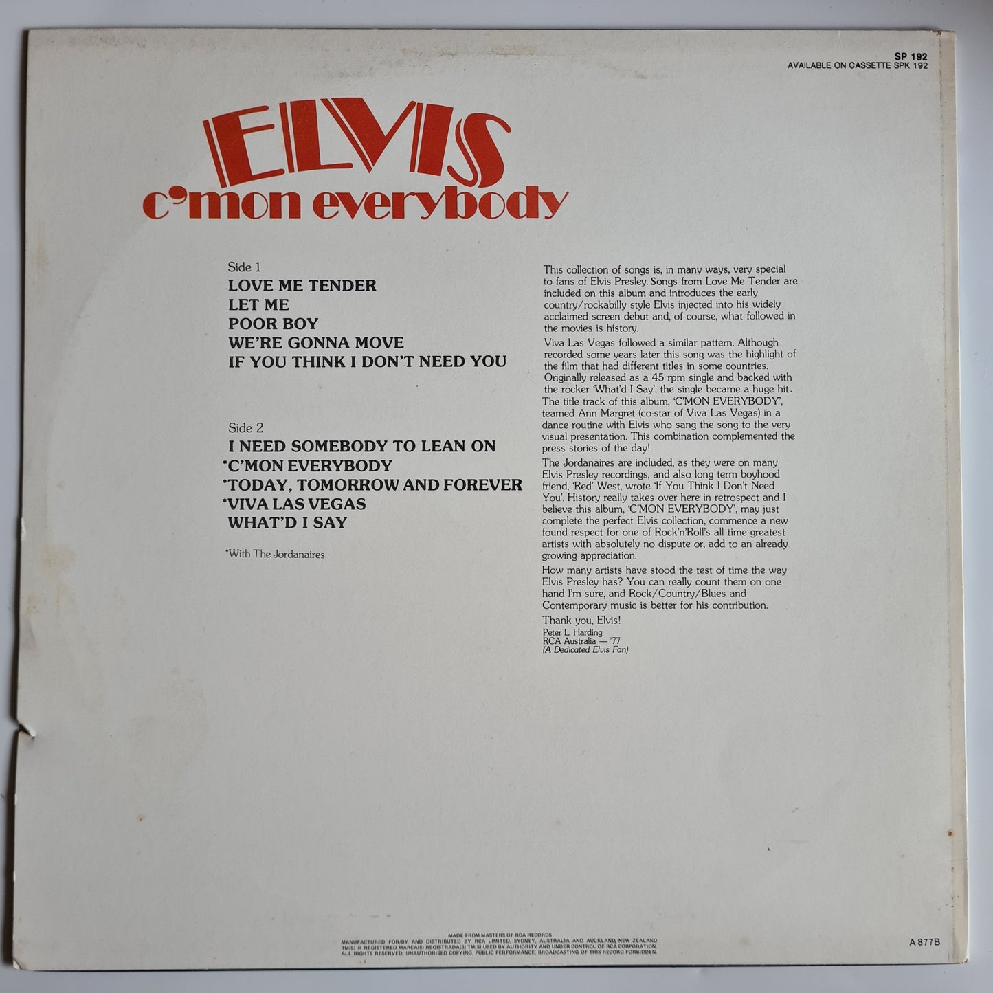 Elvis Presley – C'mon Everybody - 1977 - Vinyl Record LP (near mint) - Sound Hound Records
