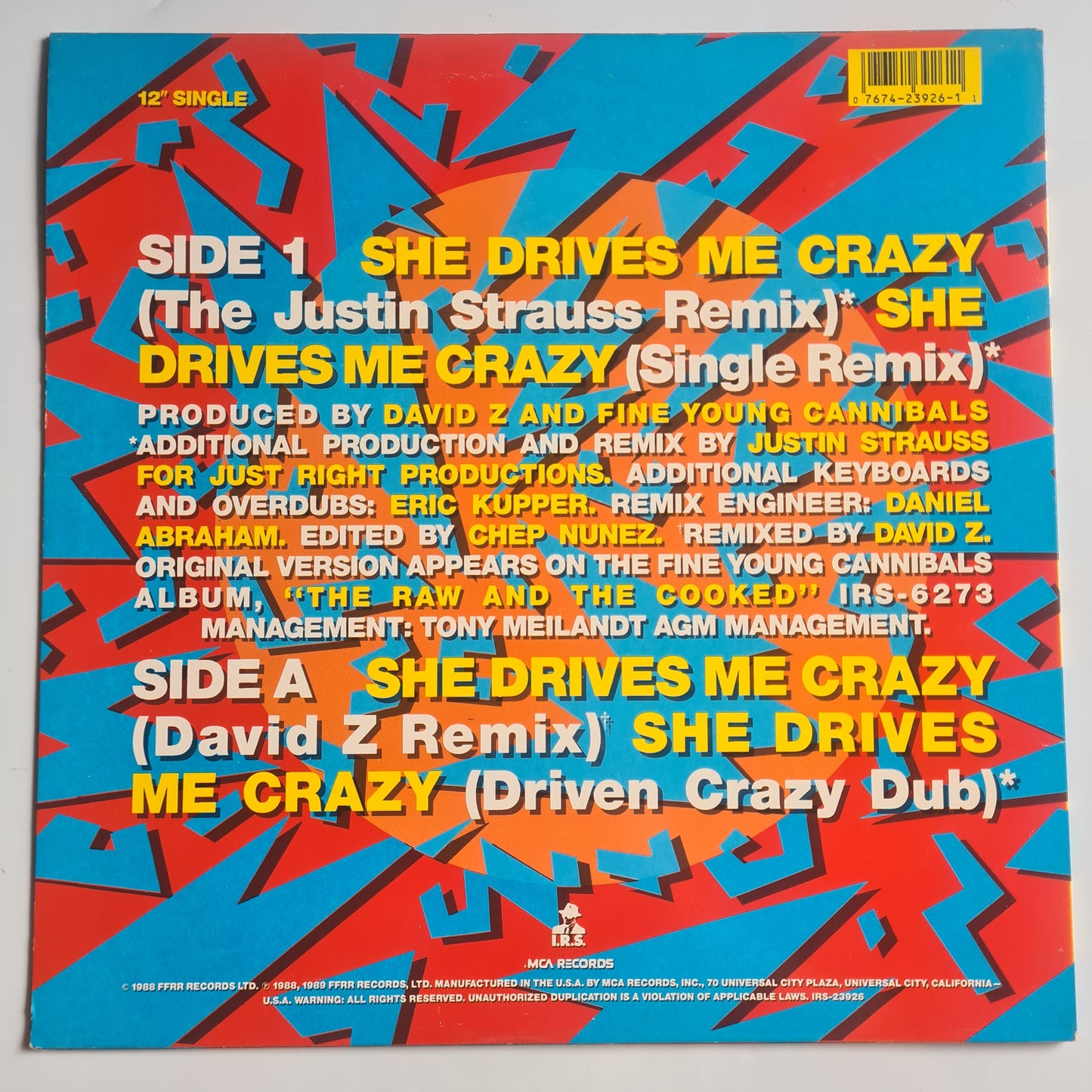Fine Young Cannibals – She Drives Me Crazy - 1989 - Vinyl Record 12" Single (near mint) - Sound Hound Records