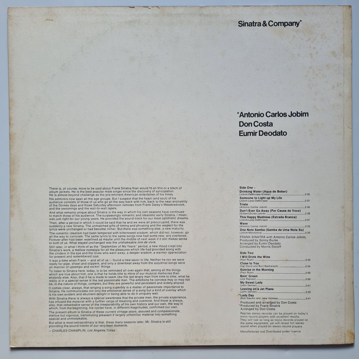 Frank Sinatra & Antonio Carlos Jobim – Sinatra & Company - 1971 - Vinyl Record LP 🇧🇷