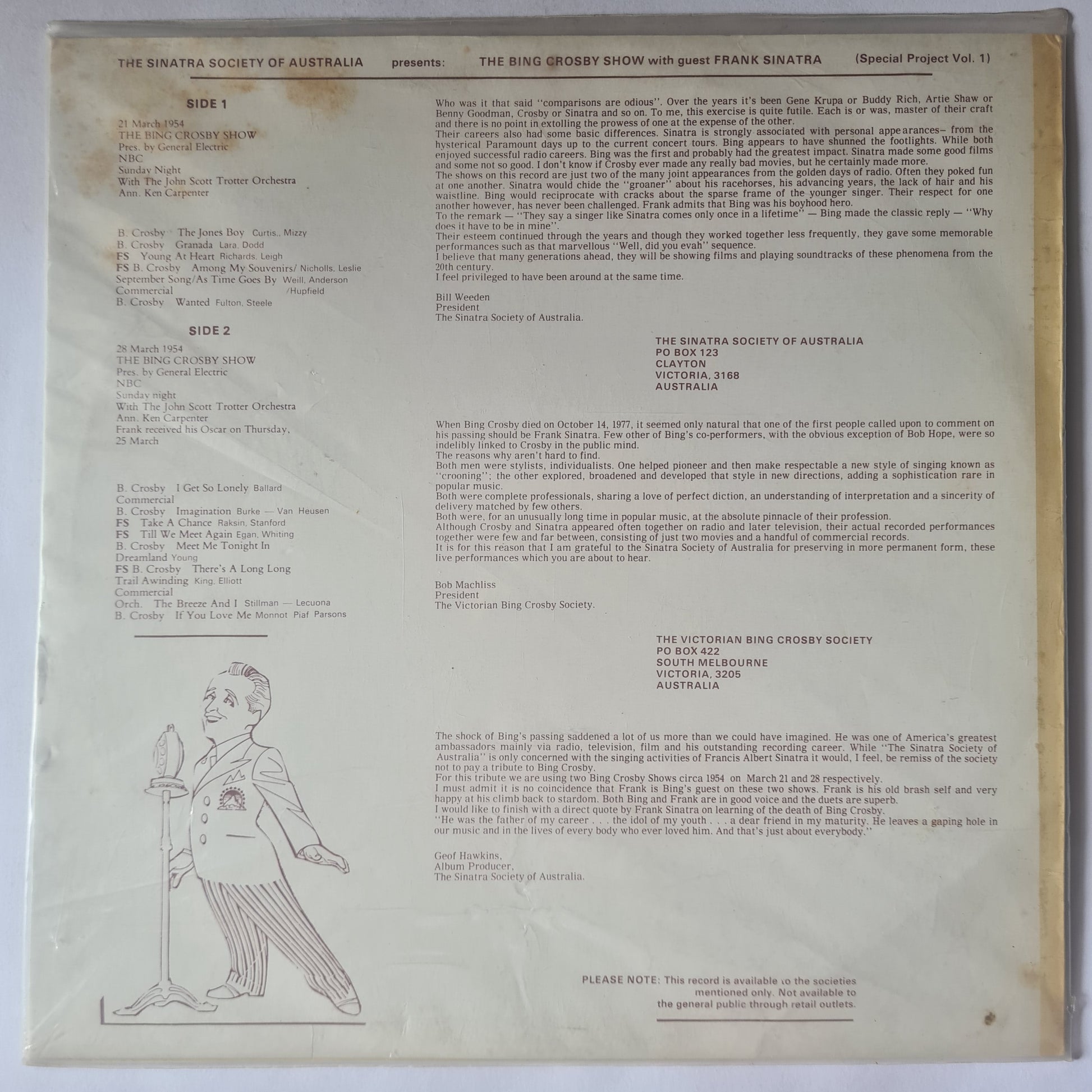 Frank Sinatra & Bing Crosby – The Sinatra Society Of Australia Presents: The Bing Crosby Show With Guest Frank Sinatra- 1979 - Vinyl Record LP (near mint) - Sound Hound Records