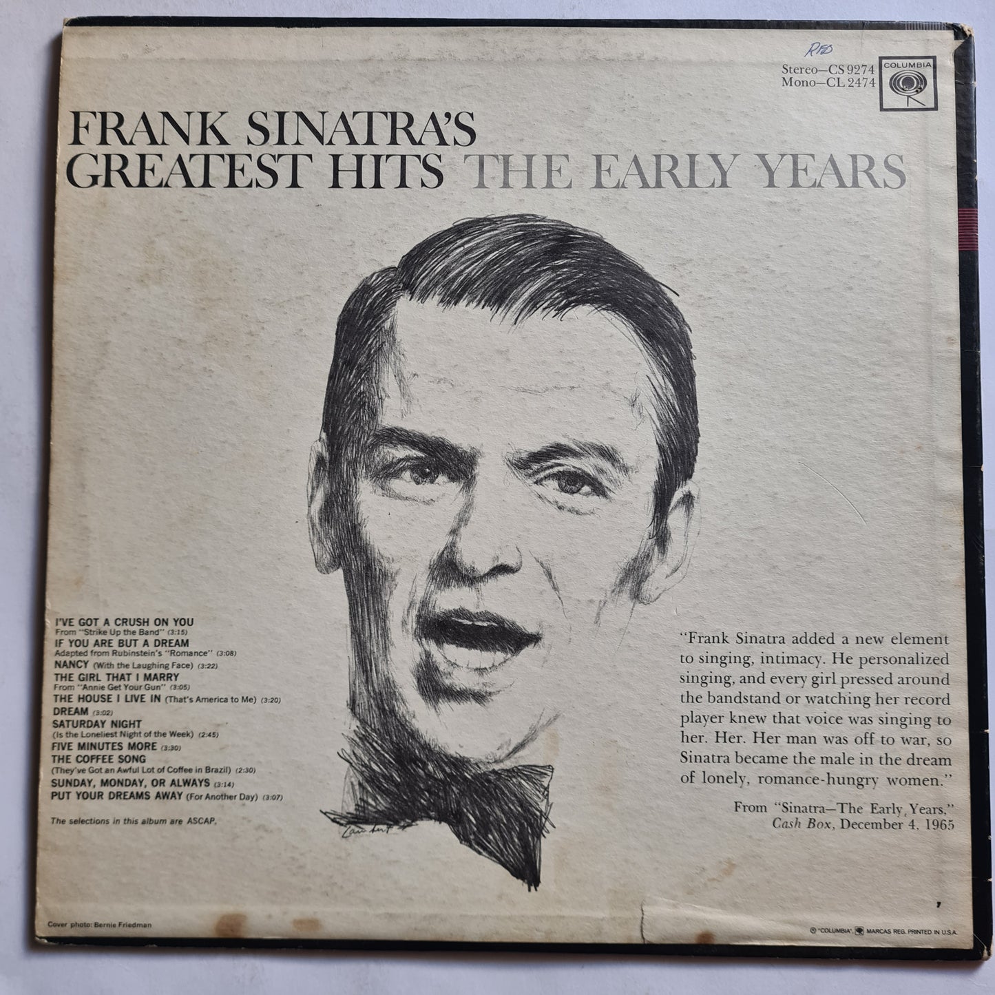 Frank Sinatra –  Frank Sinatra's Greatest Hits The Early Years - 1966 - Vinyl Record LP - Sound Hound Records
