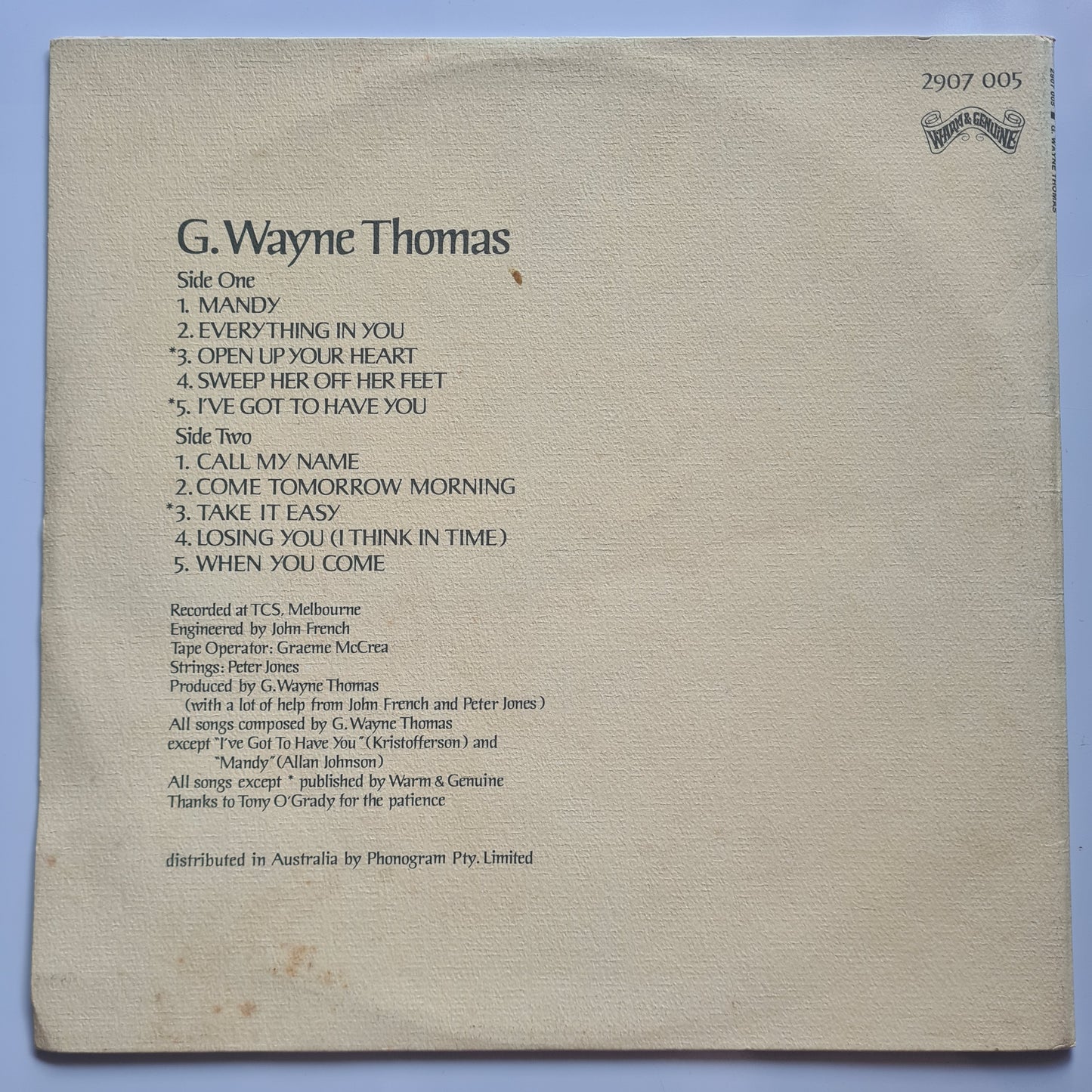 G. Wayne Thomas – G. Wayne Thomas - 1973 (1st Australian Pressing) - Vinyl Record LP (textured cover) - Sound Hound Records