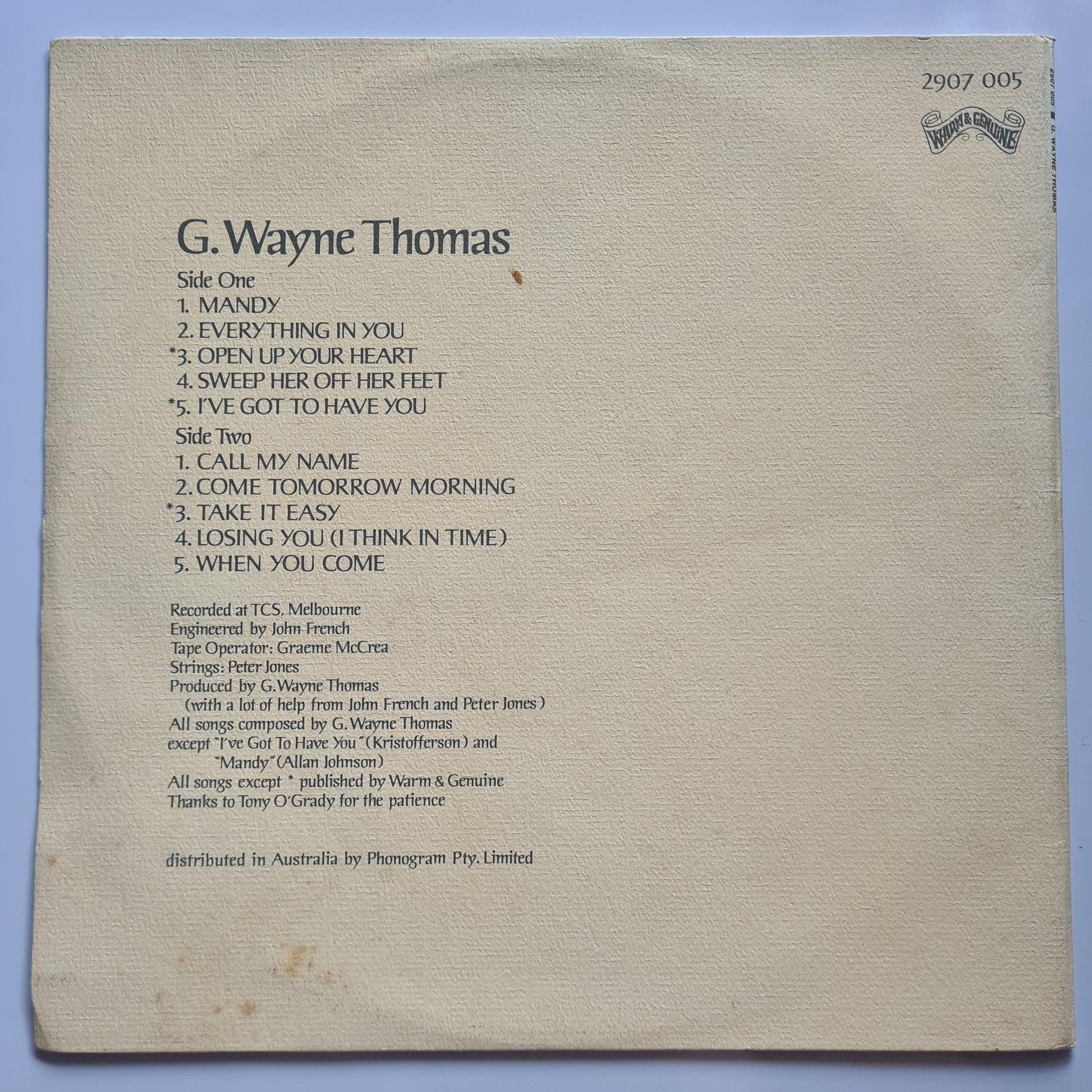 G. Wayne Thomas – G. Wayne Thomas - 1973 (1st Australian Pressing) - Vinyl Record LP (textured cover) - Sound Hound Records