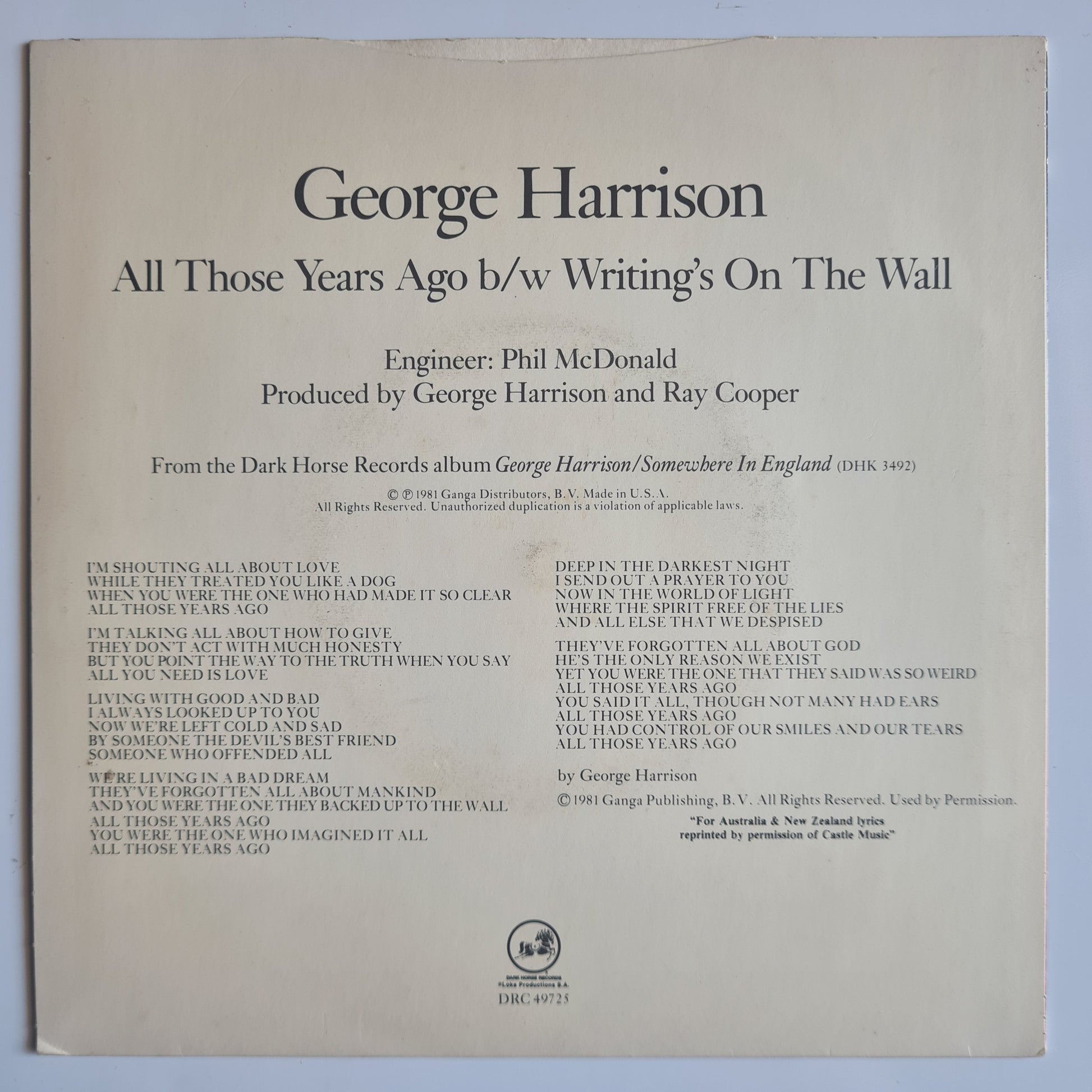 George Harrison – All Those Years Ago - 1981 - Vinyl Record 7" Single - 45 RPM - Sound Hound Records