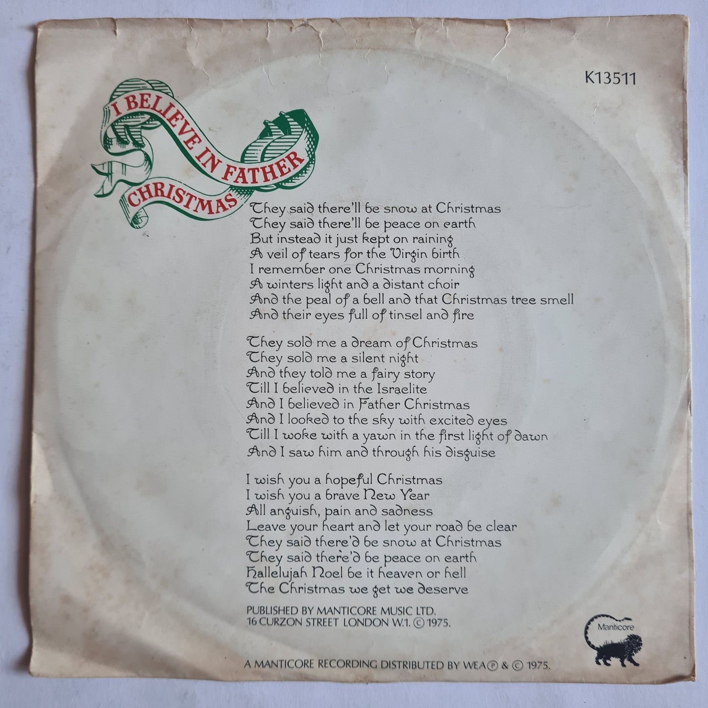 Greg Lake – I Believe In Father Christmas - 1975 - Vinyl Record 7" Single - Sound Hound Records