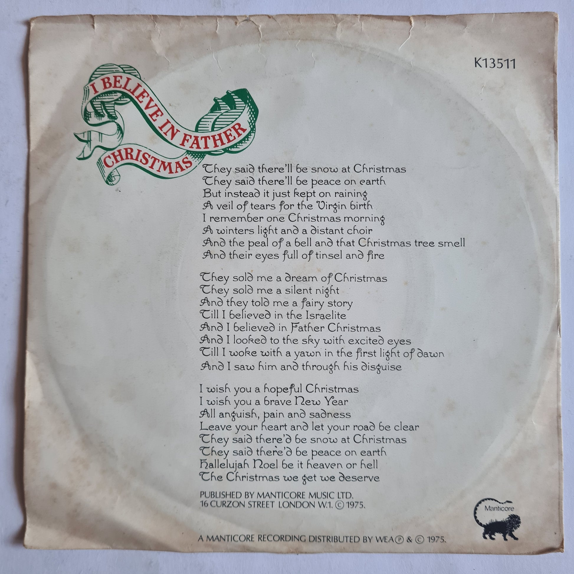 Greg Lake – I Believe In Father Christmas - 1975 - Vinyl Record 7" Single - Sound Hound Records