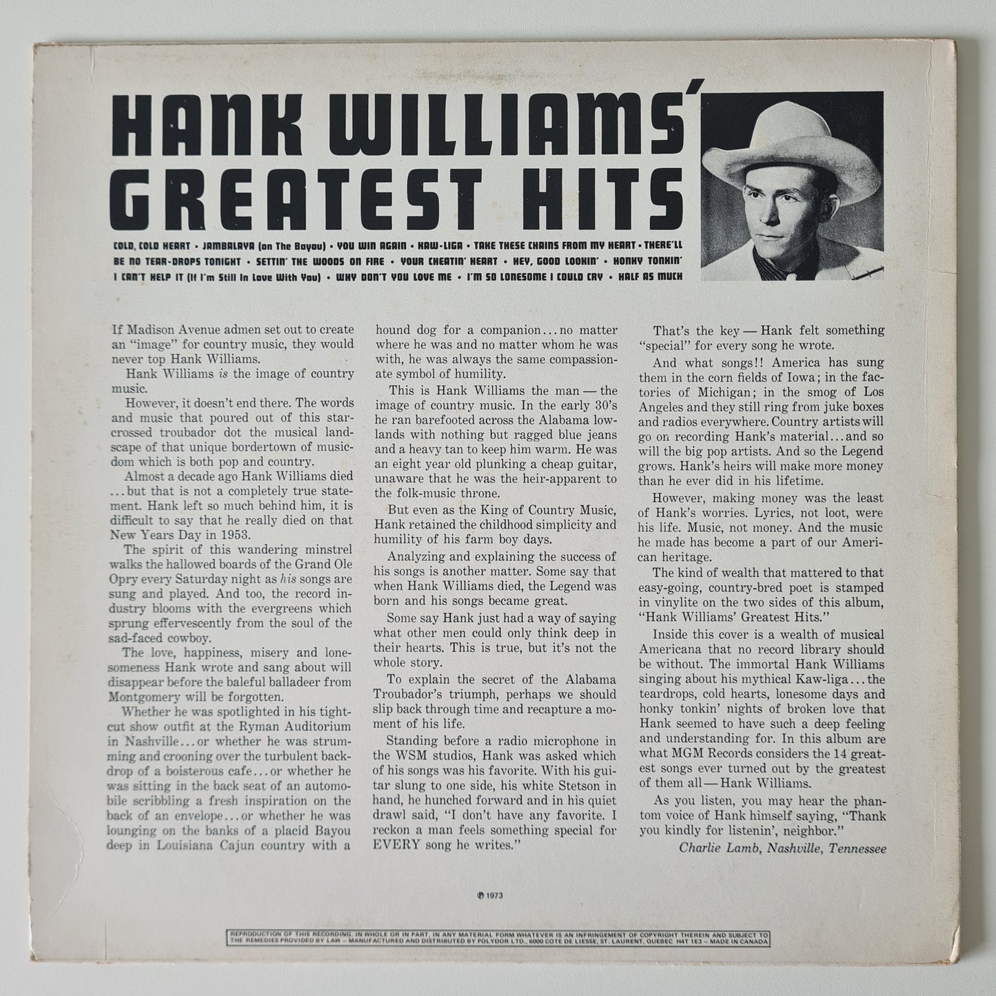 Hank Williams – Hank Williams’ Greatest Hits - 1971 (Canadian Pressing) - Vinyl Record LP - Sound Hound Records